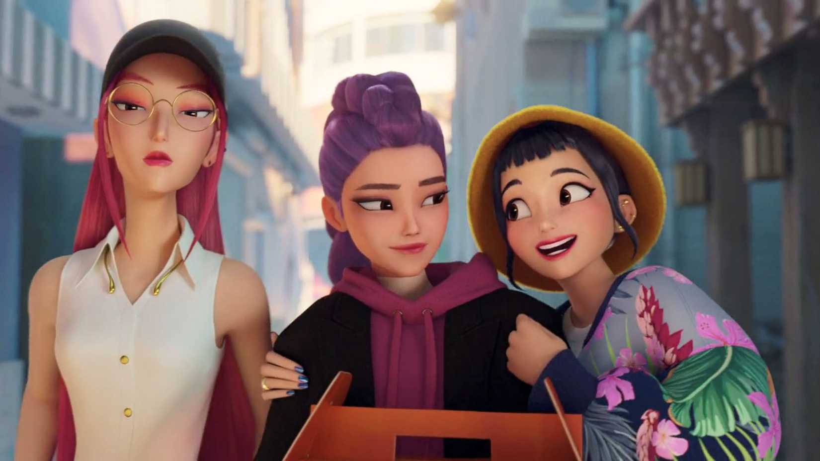 Rumi, Zoey, and Mira in a scene from the film.