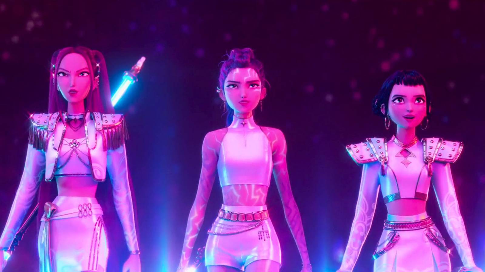 Screenshot from Netflix's KPop Demon Hunters featuring Mira, Rumi, and Zoey walking confidently