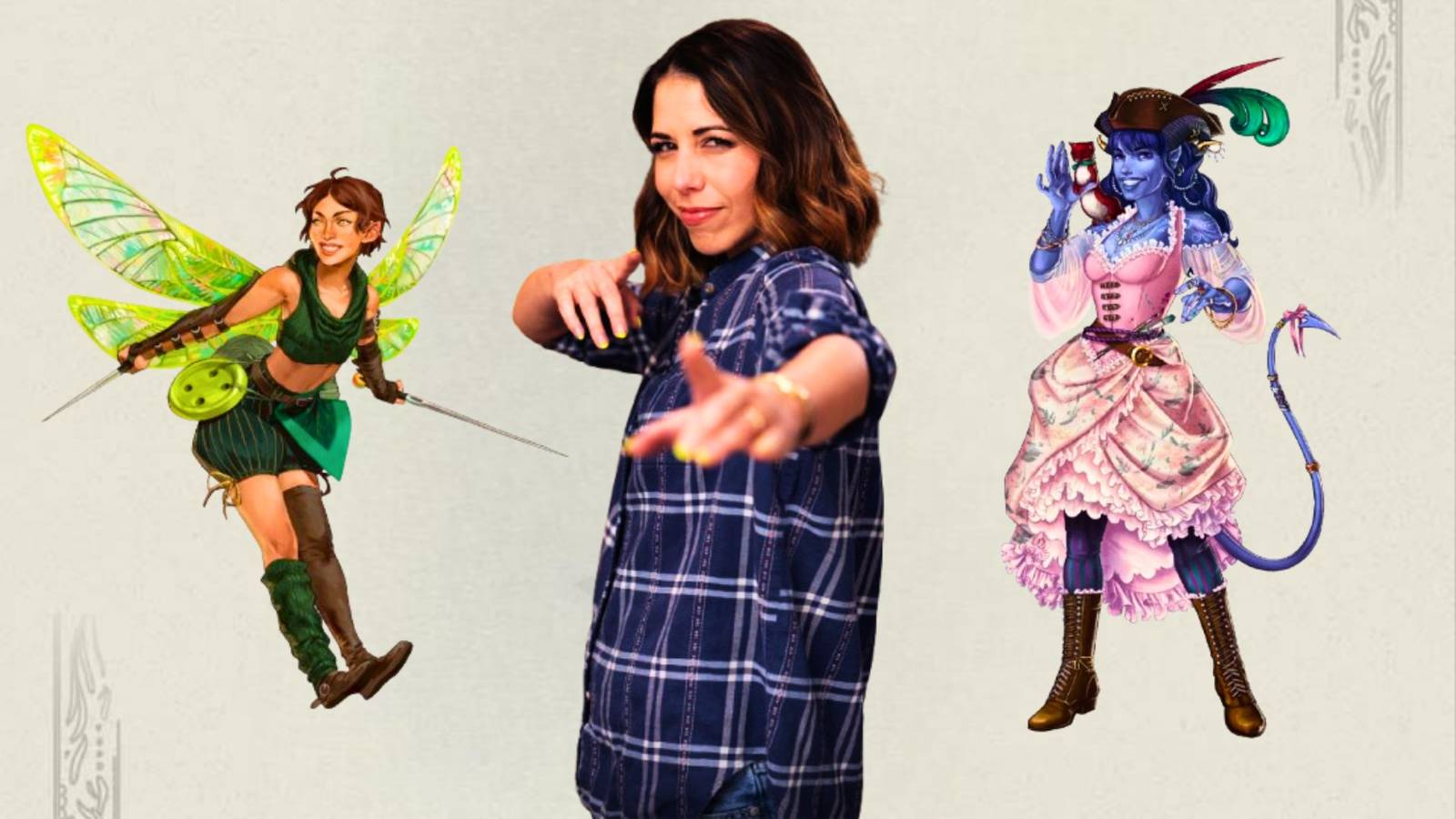 Graphic of Laura Bailey alongside her Campaign 4 character Thimble and her Campaign 2 character Jester