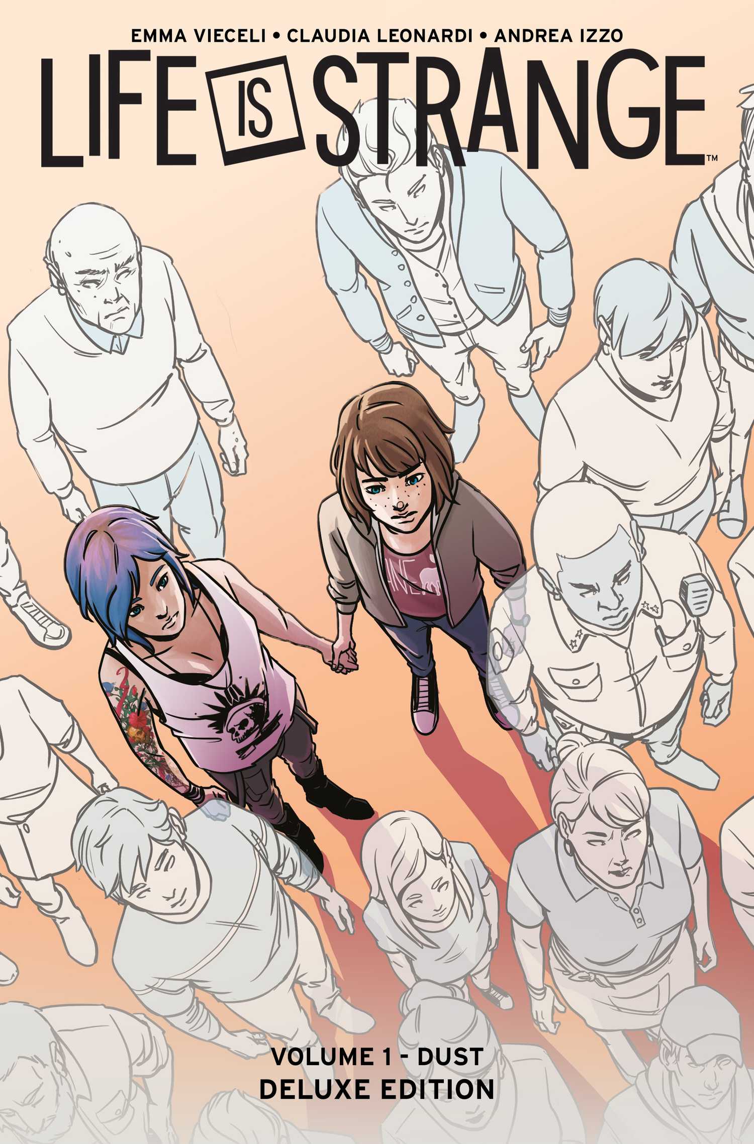 Life is Strange: Dust Volume 1's full-color cover, featuring Max and Chloe holding hands in a crowd of colorless, transparent strangers.