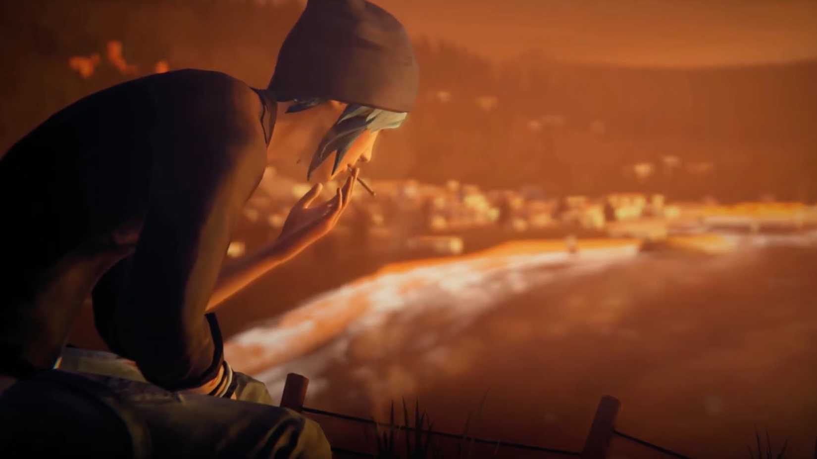 Chloe smokes a cigarette while looking out over Arcadia Bay.