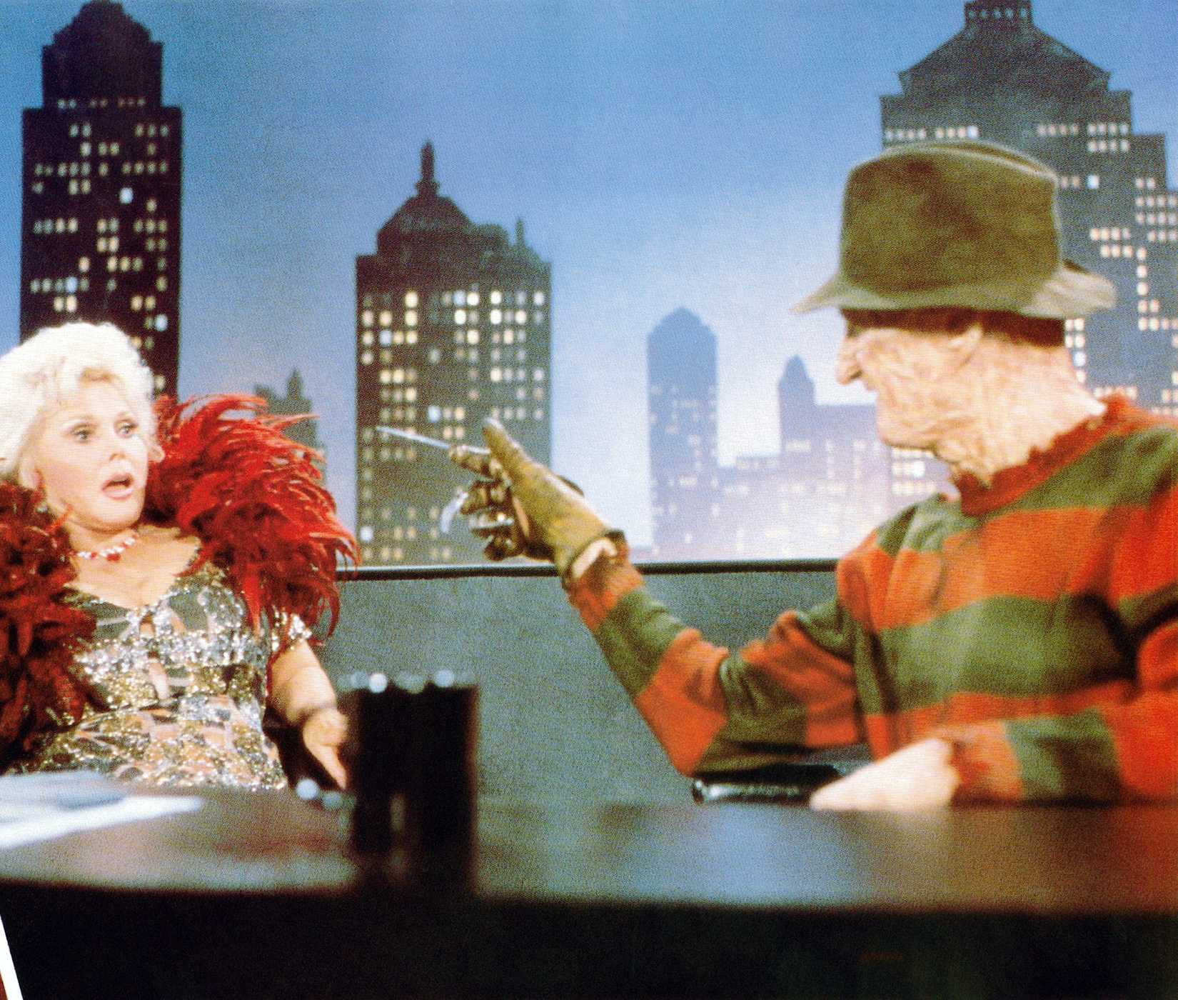 Freddy Krueger attacks Zsa Zsa Gabor in A NIghtmare on Elm Street 3: Dream Warriors