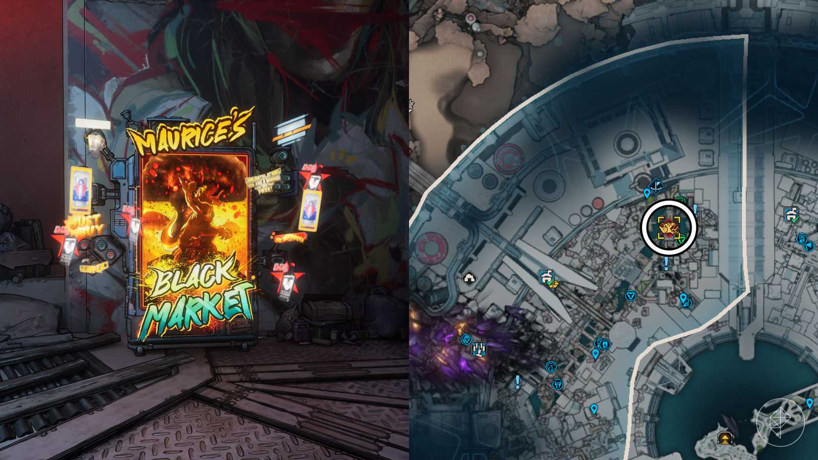 ตำแหน่งเครื่องจักรสีดำของเครื่องจักรเกวียนของ Maurice ได้ระบุไว้ในแผนที่ Borderlands 4
