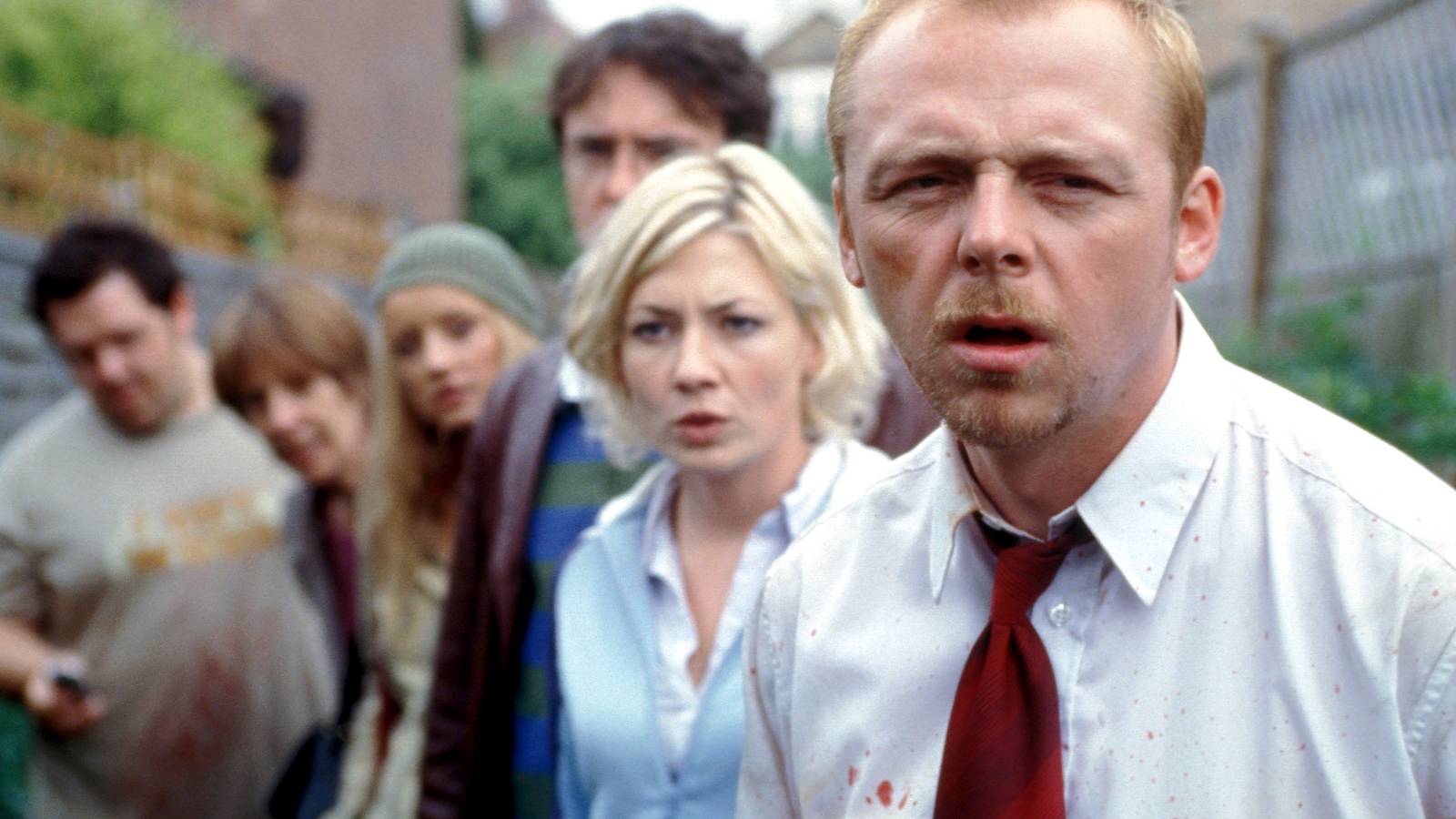 Simon Pegg and the cast of Shaun of the Dead look on in confusion