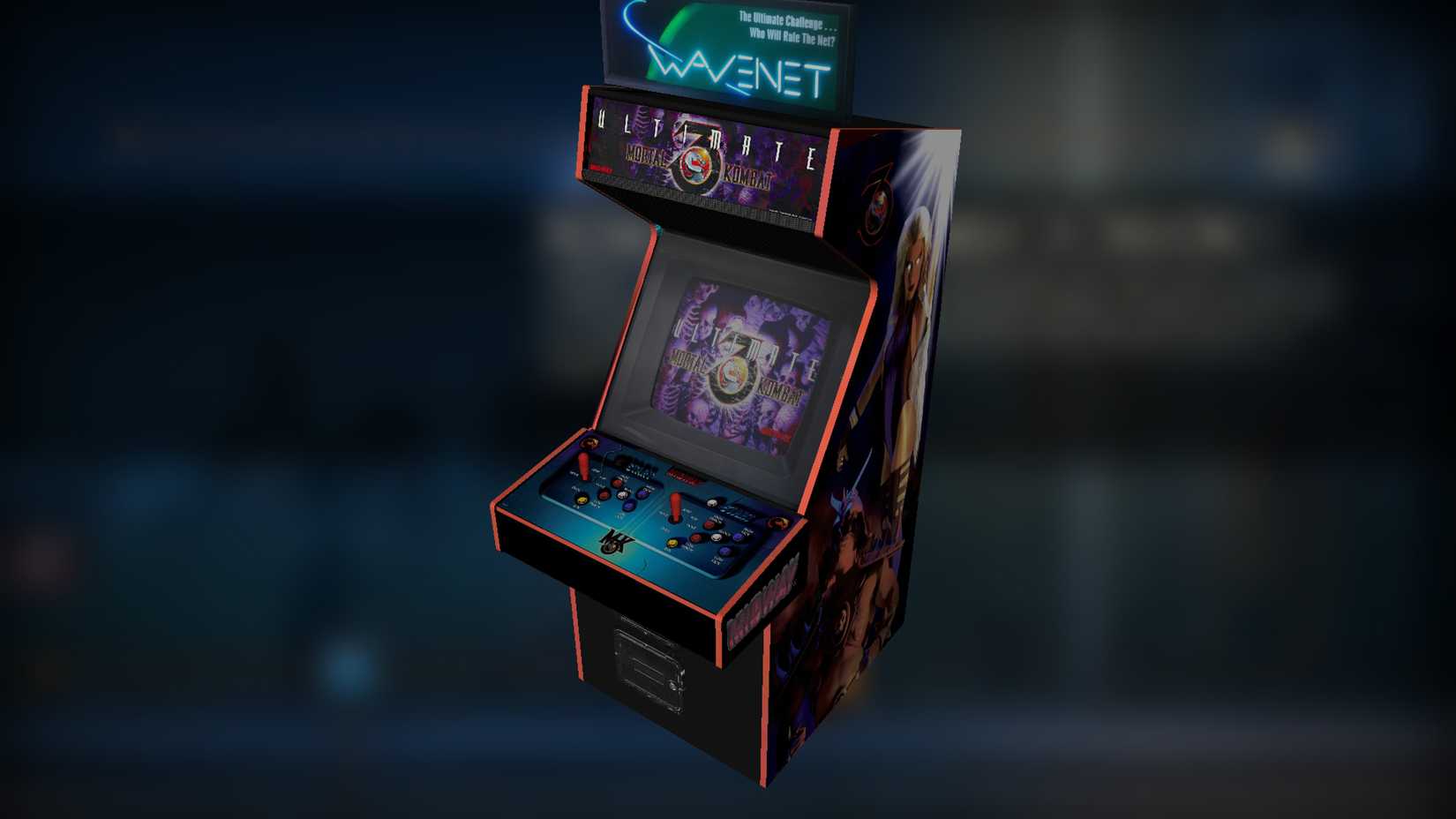 A 3D render of the Ultimate Mortal Kombat 3 WaveNet Edition cabinet from Mortal Kombat: Legacy Kollection