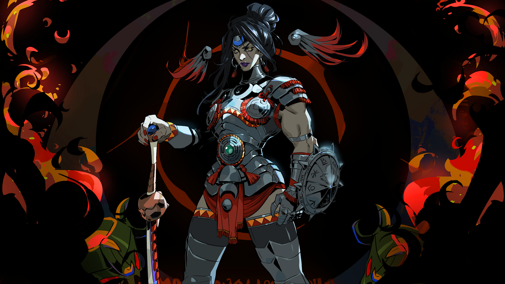Nemesis, the god of retribution, as she is depicted in roguelike Hades 2. She wields a sword and a shield. 