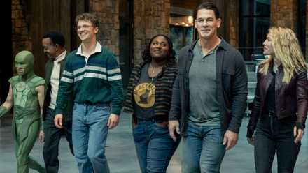 Judomaster (Nhut Le), Langston Fleury (Tim Meadows), Vigilante (Freddie Stroma), Leota Adebayo (Danielle Brooks), Peacemaker (John Cena) and Emilia Harcourt (Jennifer Holland) happily walk throutgh the Checkmate headquarters in Peacemaker