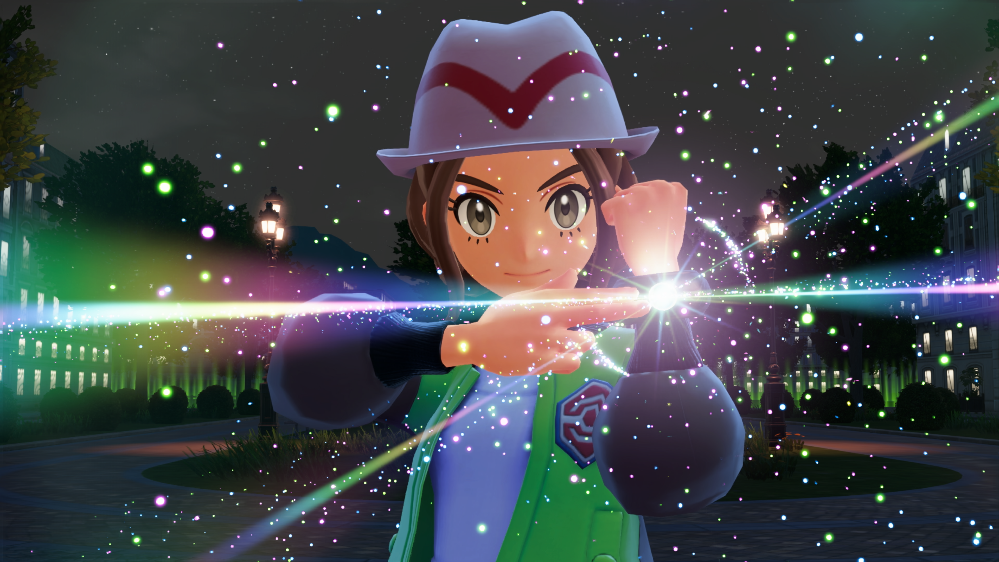 A Pokemon trainer in a cool hat presses their wrist causing sparkles in Pokemon Legends: Z-A
