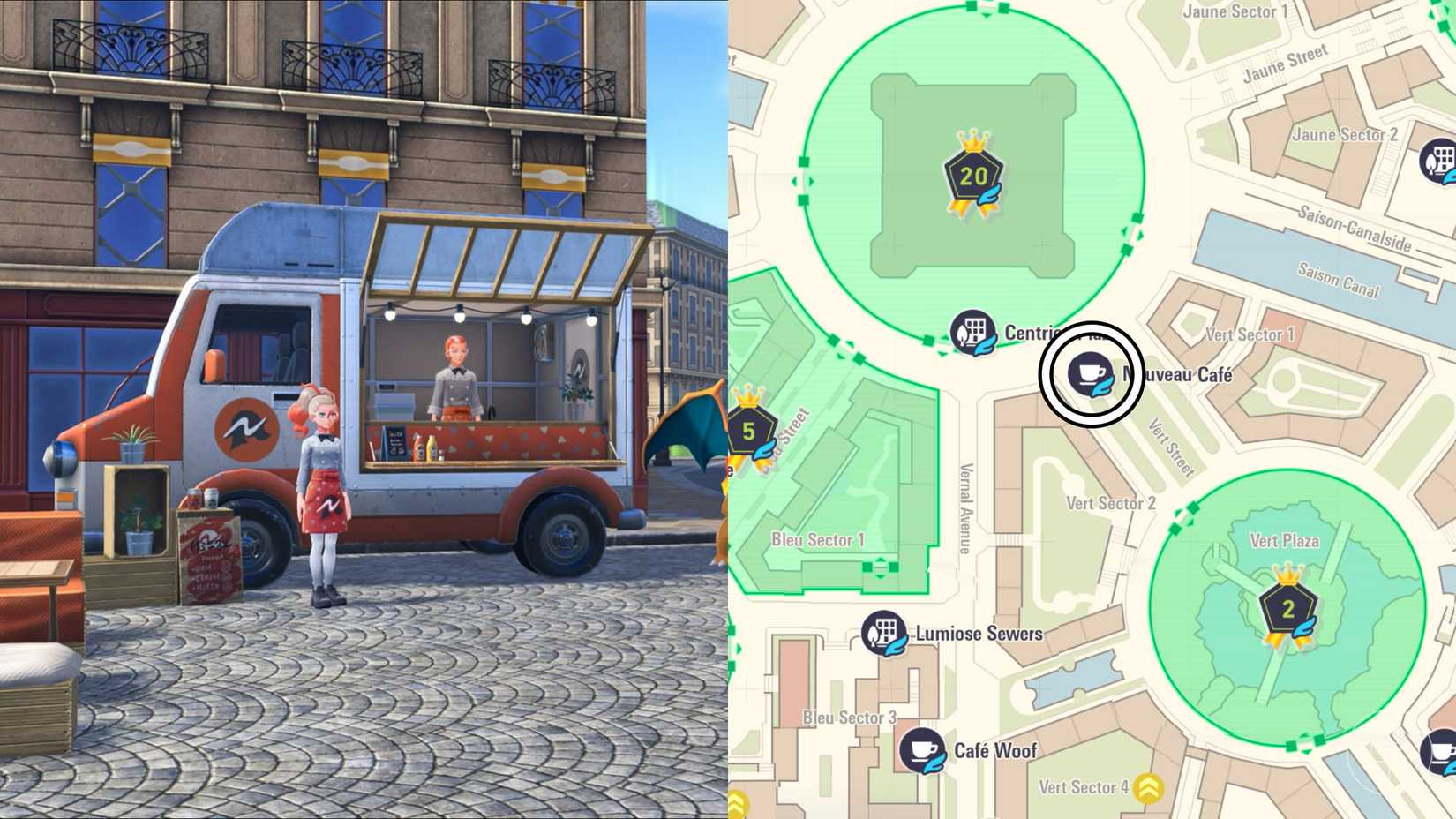 The location of Nouveau Café circled on the Pokémon Legends: Z-A map.