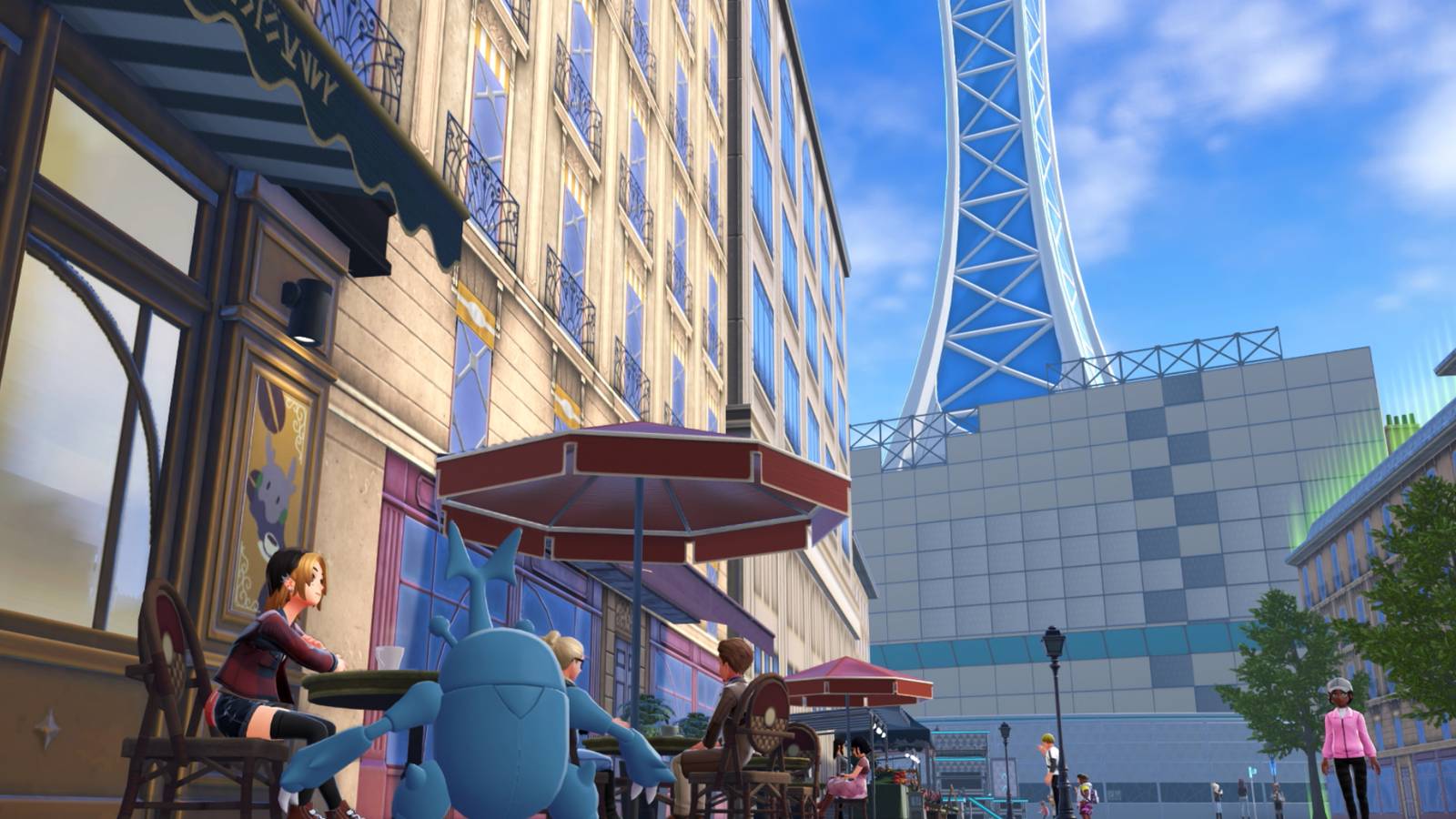 Uma treinadora Pokémon toma café com seu Heracross em Pokémon Legends: ZA.