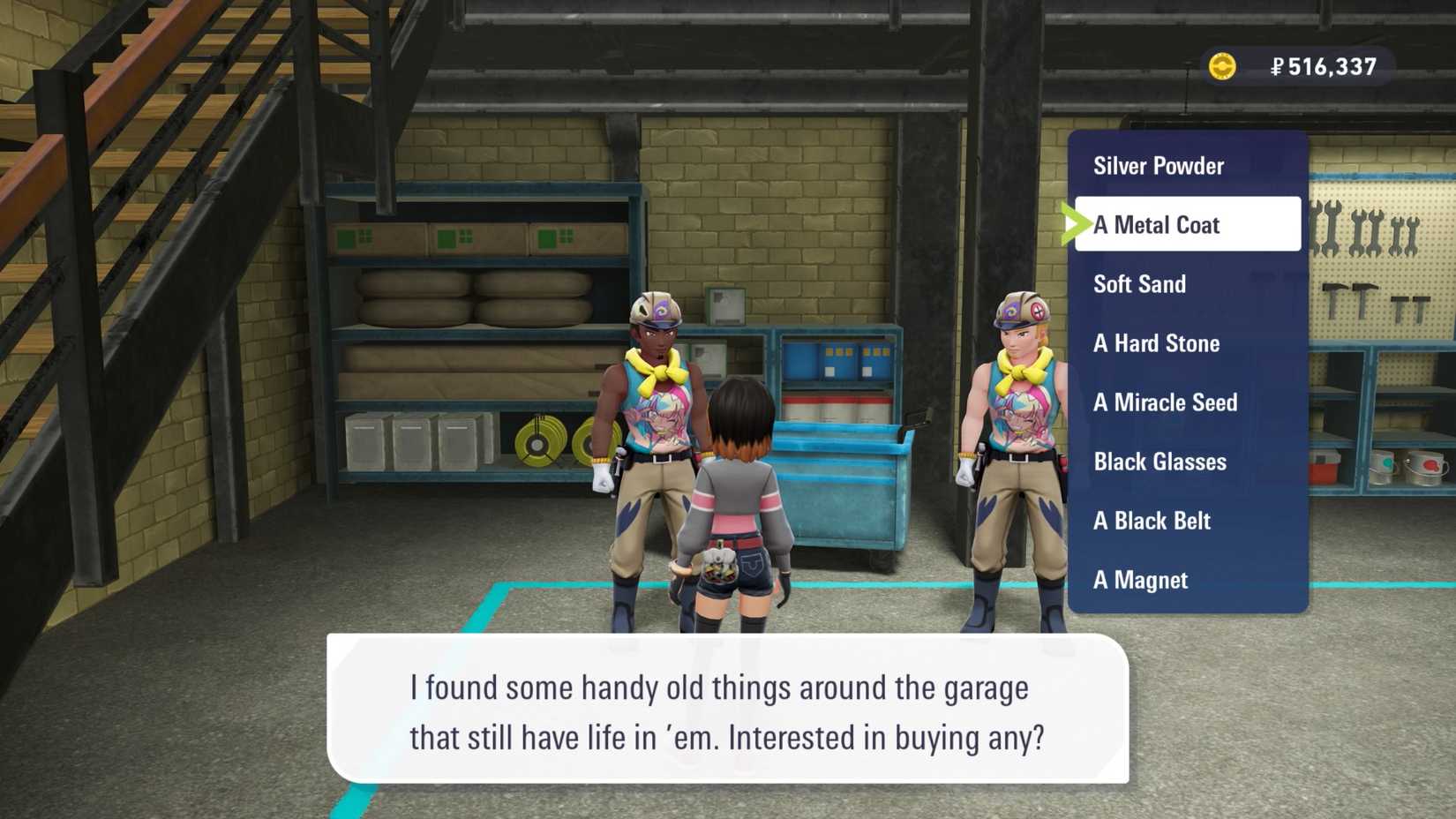 A player in Pokémon Legends: Z-A stands in front of a worker to buy a Metal Coat
