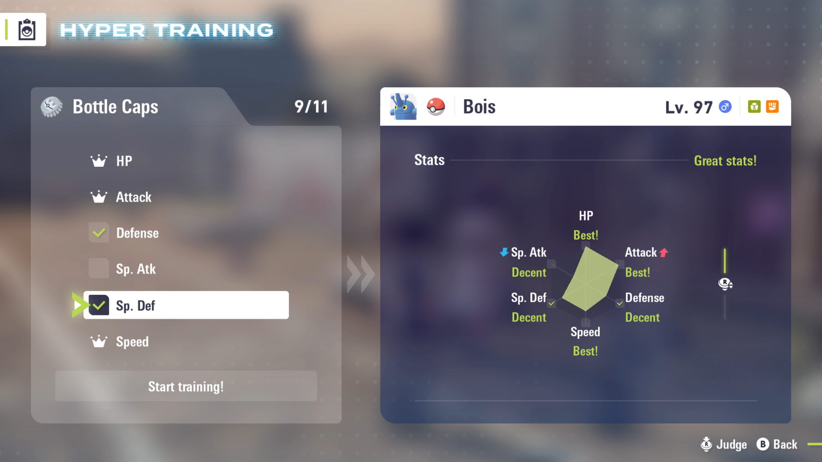 Hyper Training menu showing the player selecting both defense types to raise Bois Heracross in Pokémon Legends: ZA.