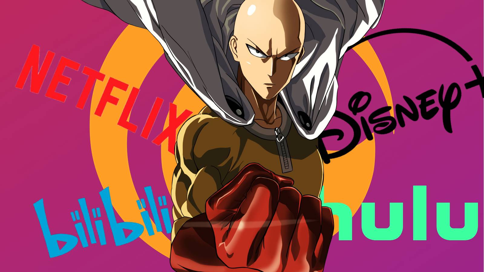 An image of Saitama from One-Punch Man in front of the logos of the platforms where season 3 streams