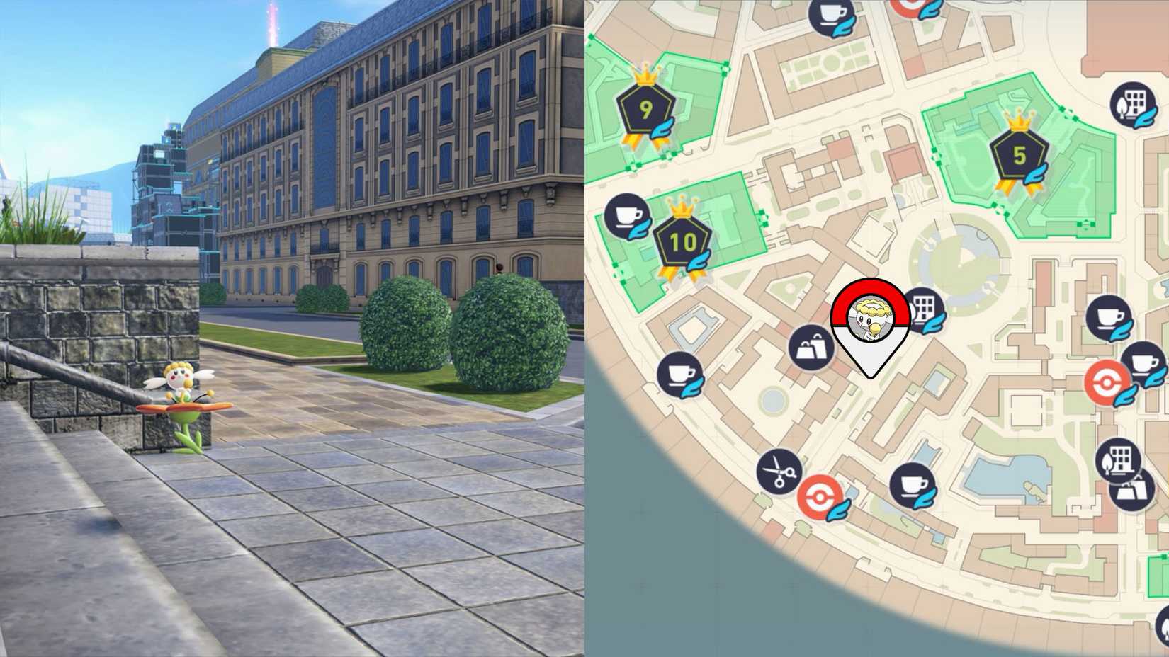 An orange Flabebé floating above the sidewalk in Pokémon Legends: ZA.