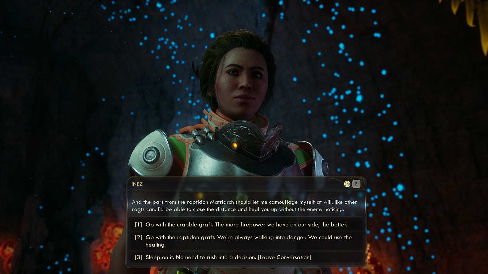 Inez contemplating what she can do with her graft in Outer Worlds 2