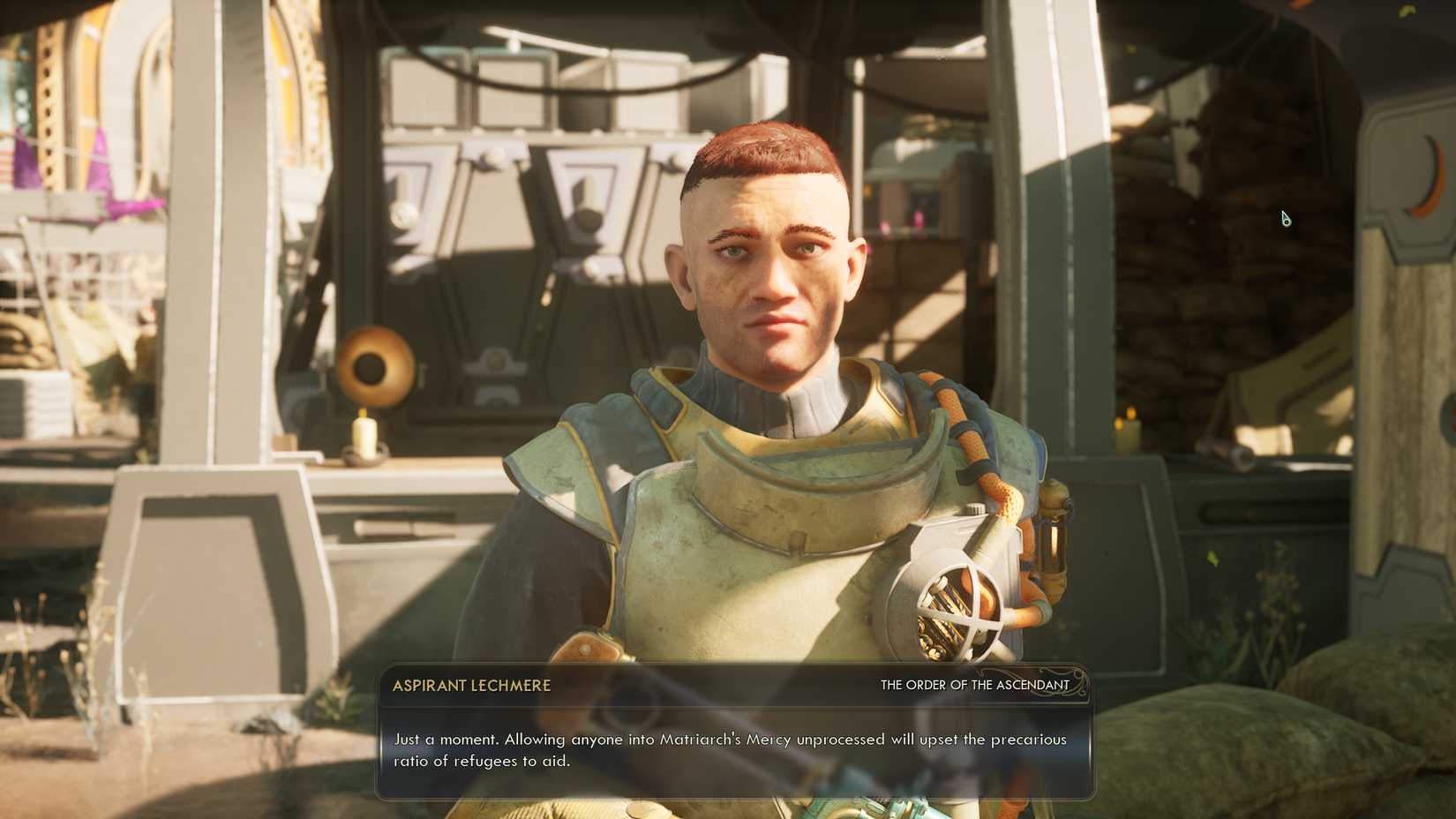 An Order acolyte in Outer Worlds 2 saying he can't upset the ratio of refugees to aid