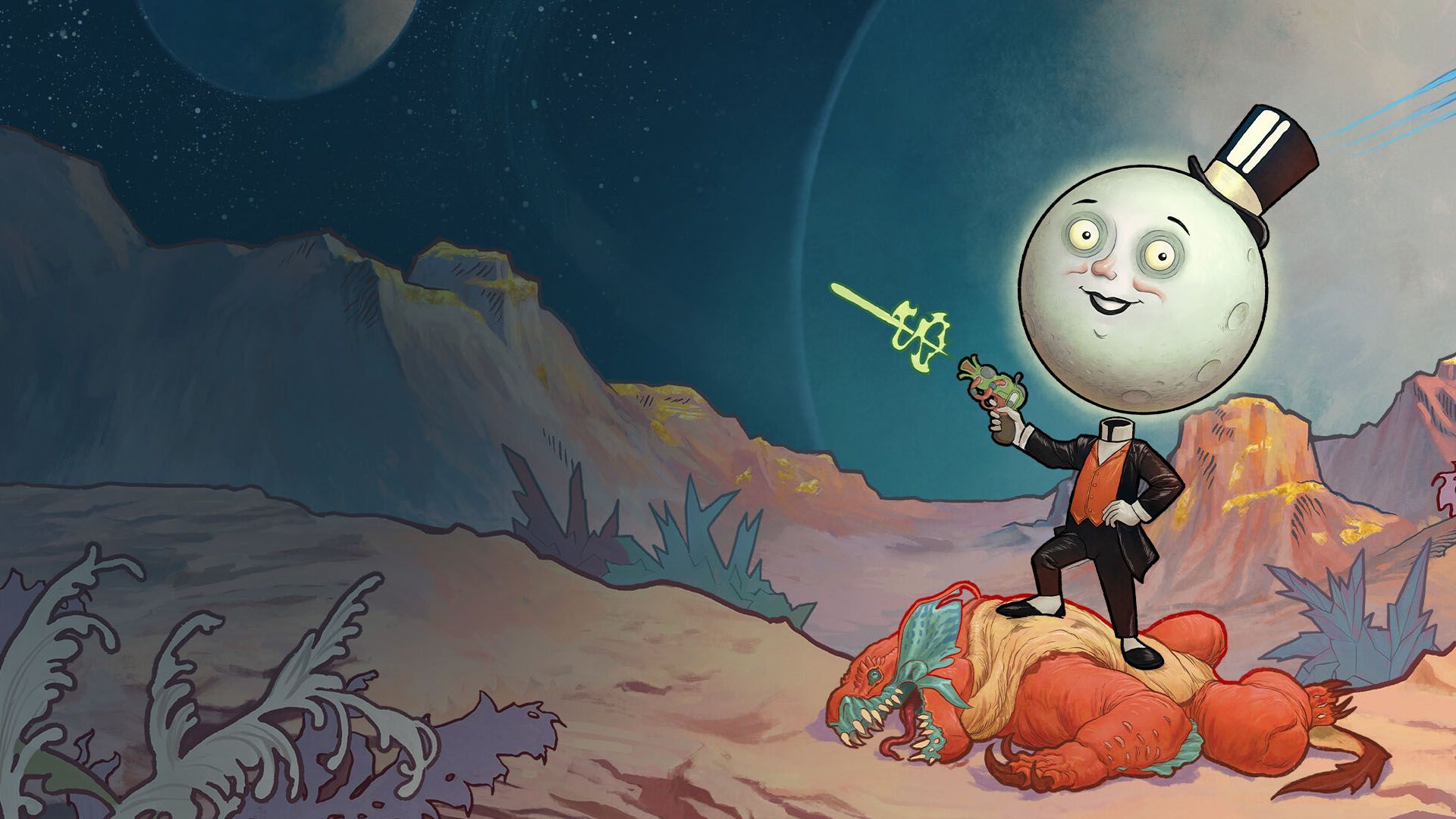 The official The Outer Worlds 2 key art showing the moon guy shooting a laser gun