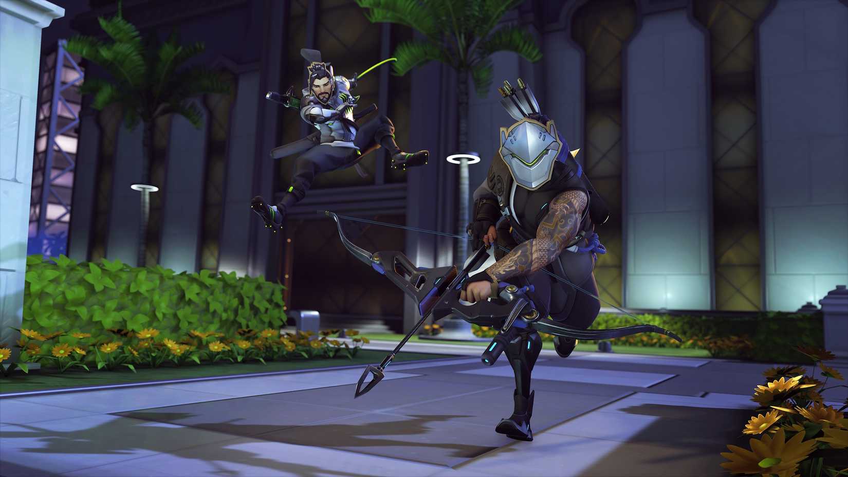 Genji wearing a Hanzo mask and Hanzo wearing a Genji mask in Overwatch 2