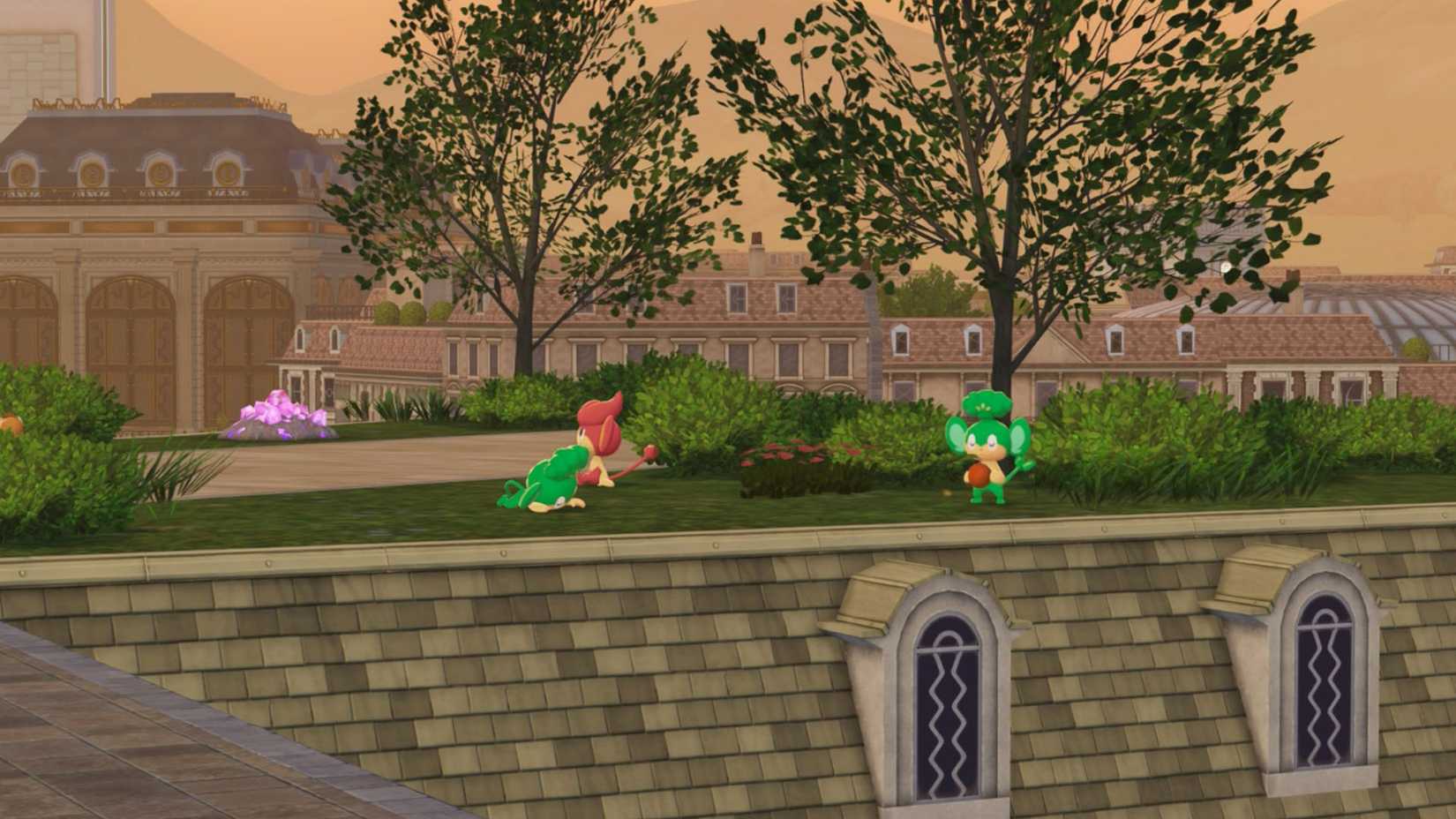 Three pan monkeys relaxing on a rooftop in Pokémon Legends: Z-A.