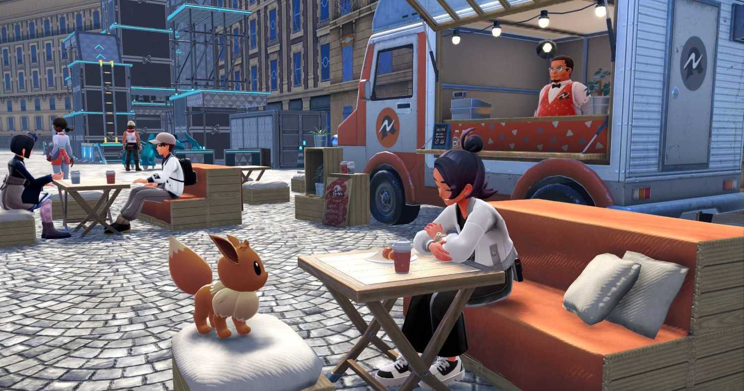 Eevee sipping on some coffee in Pokemon Legends: Z-A.