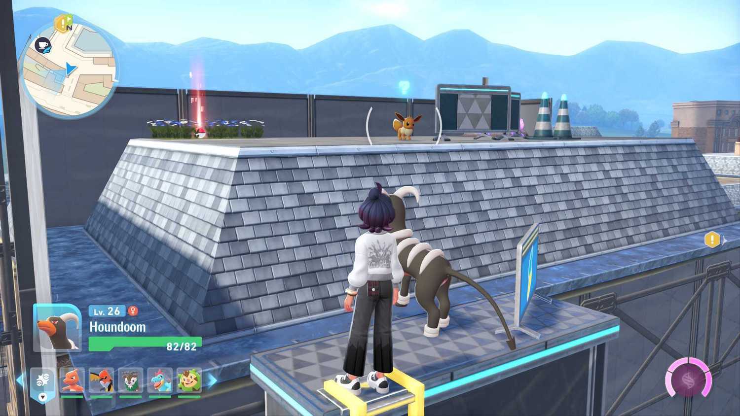 Eevee on a rooftop in Pokemon Legends Z-A.