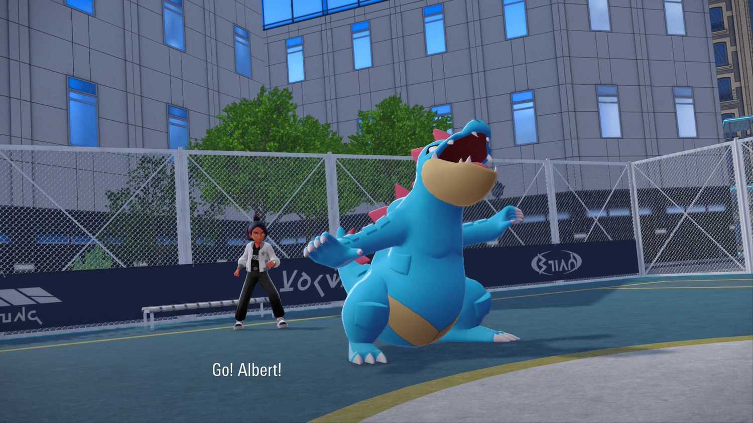 A Pokemon trainer summoning Feraligatr in Pokemon Legends Z-A.