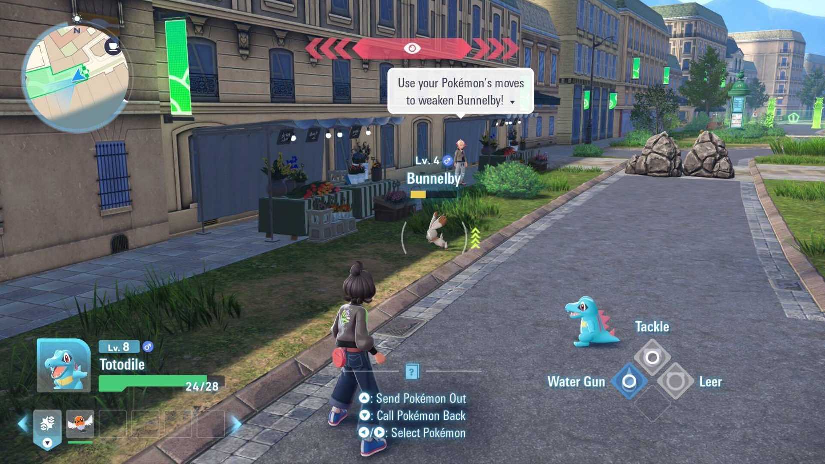 Targeting a Bunnelby in Pokémon Legends: Z‑A while Urbain calls out tips from behind.