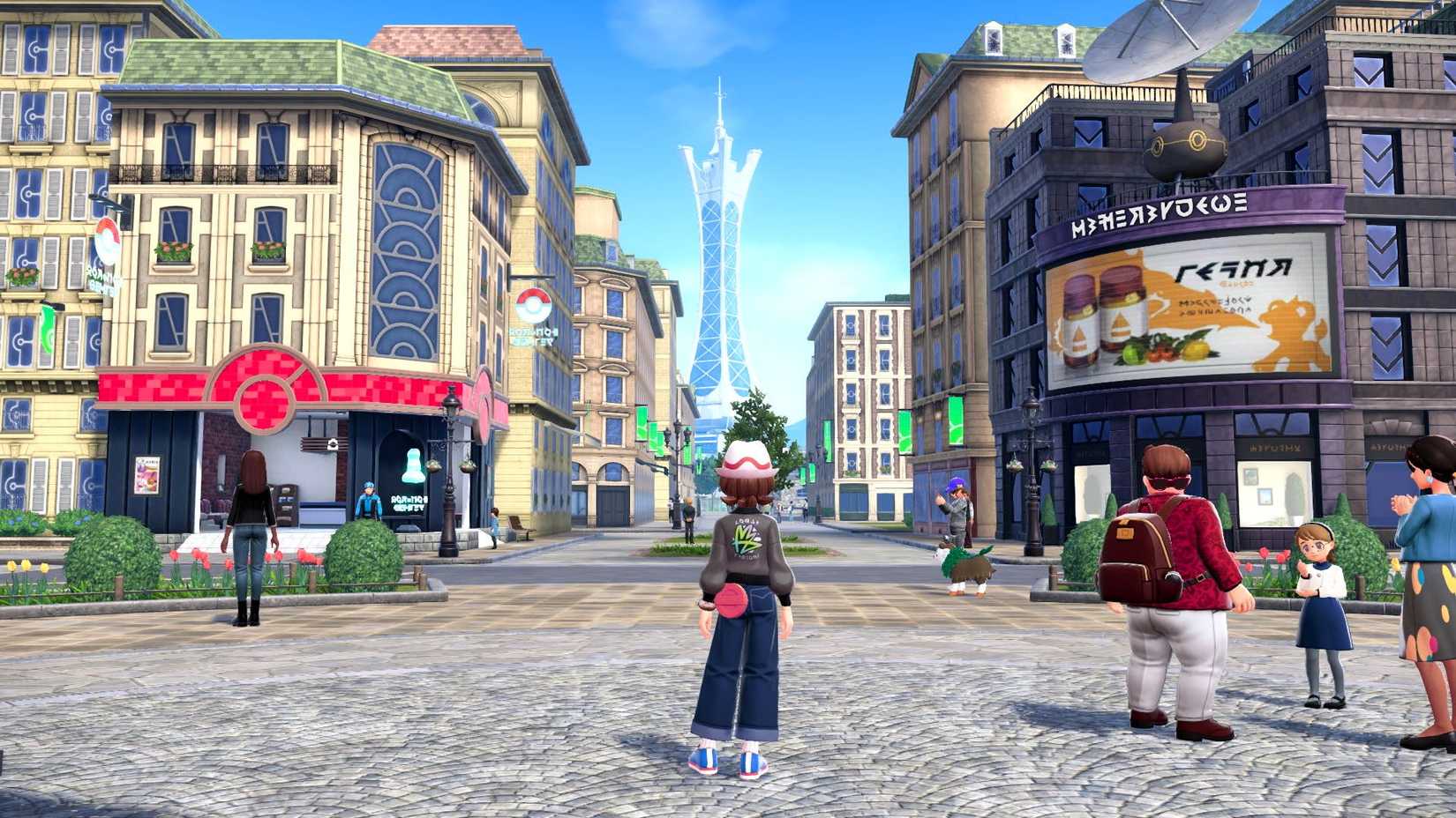 Pokemon Legends ZA protagonist standing on the streets of Lumiose with the tower in the distance.