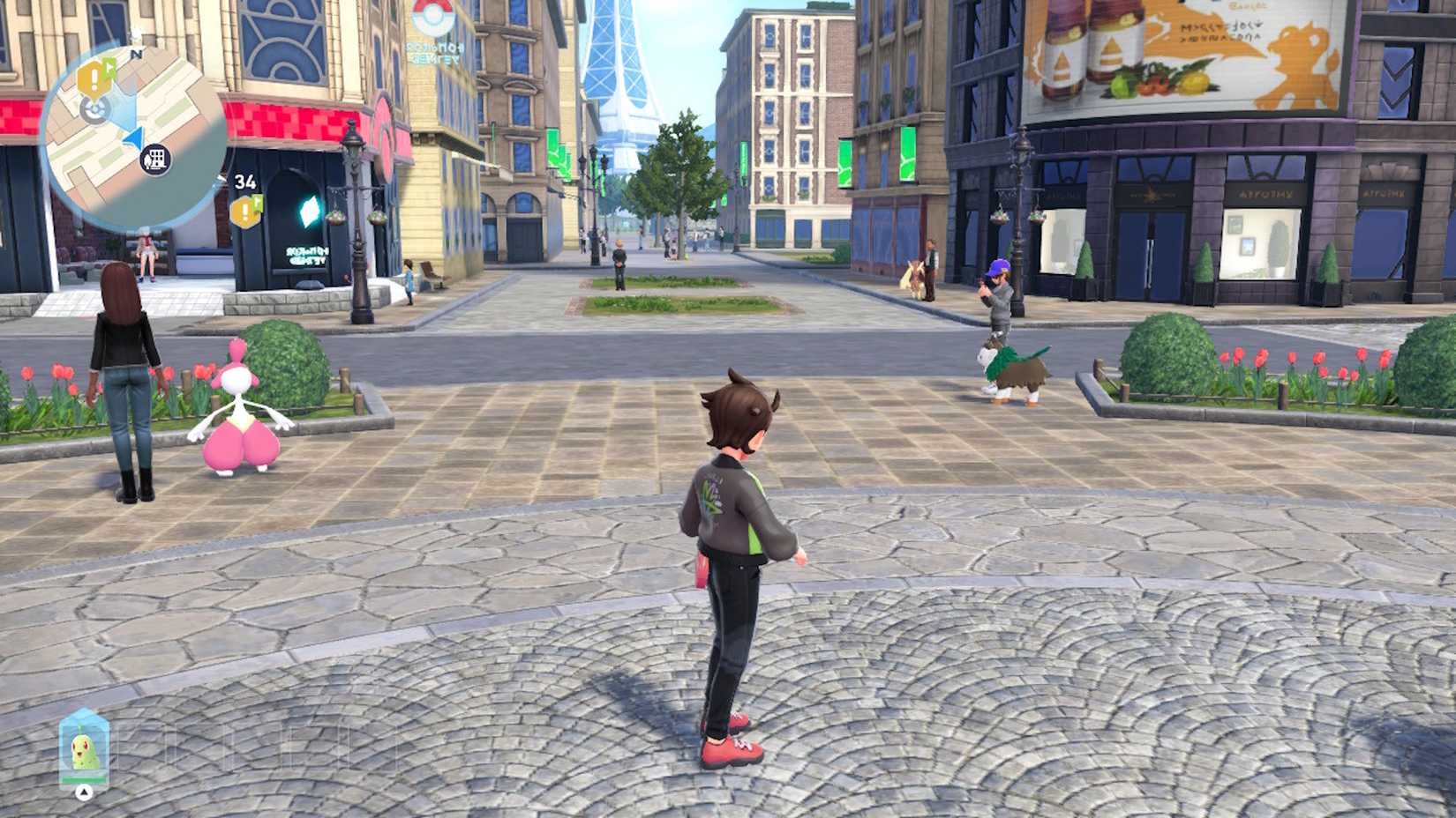 The player character standing near a Pokemon Center in Legends Z-A