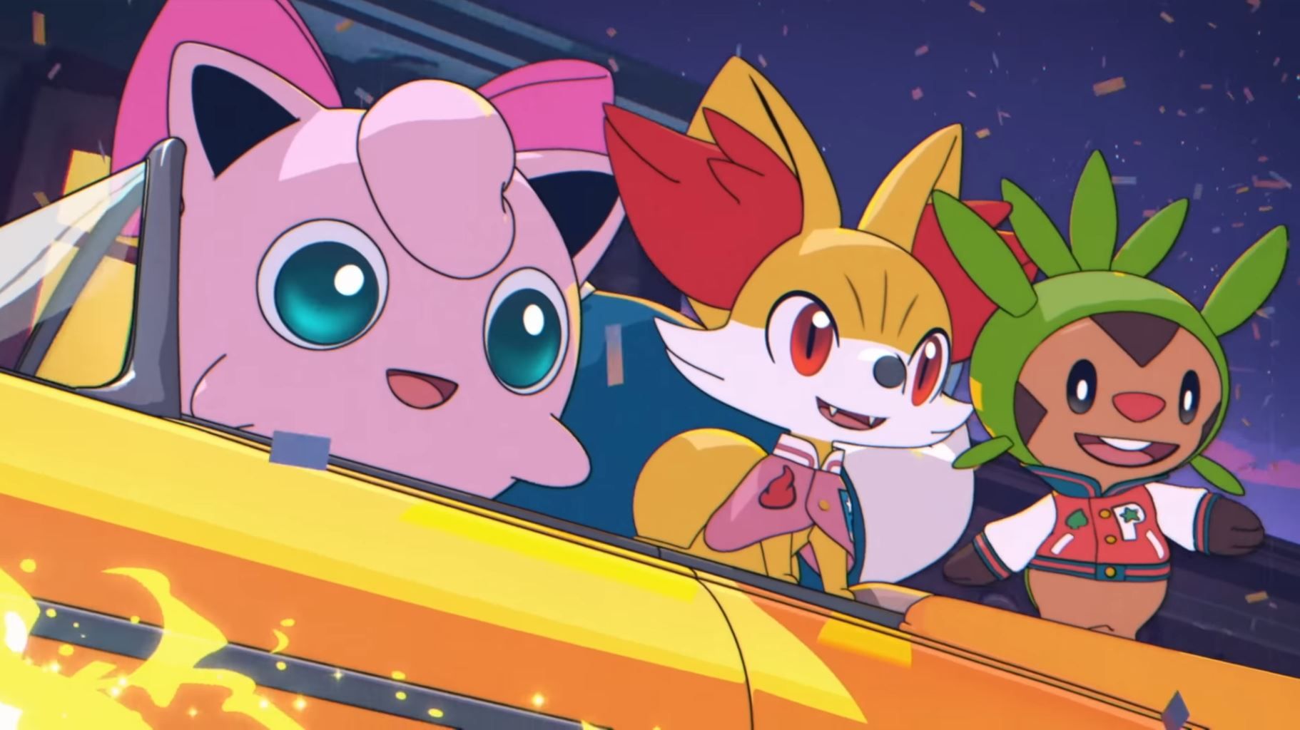 Jigglypuff, Fennekin, and Chespin from Pokemon ride inside a yellow car. 