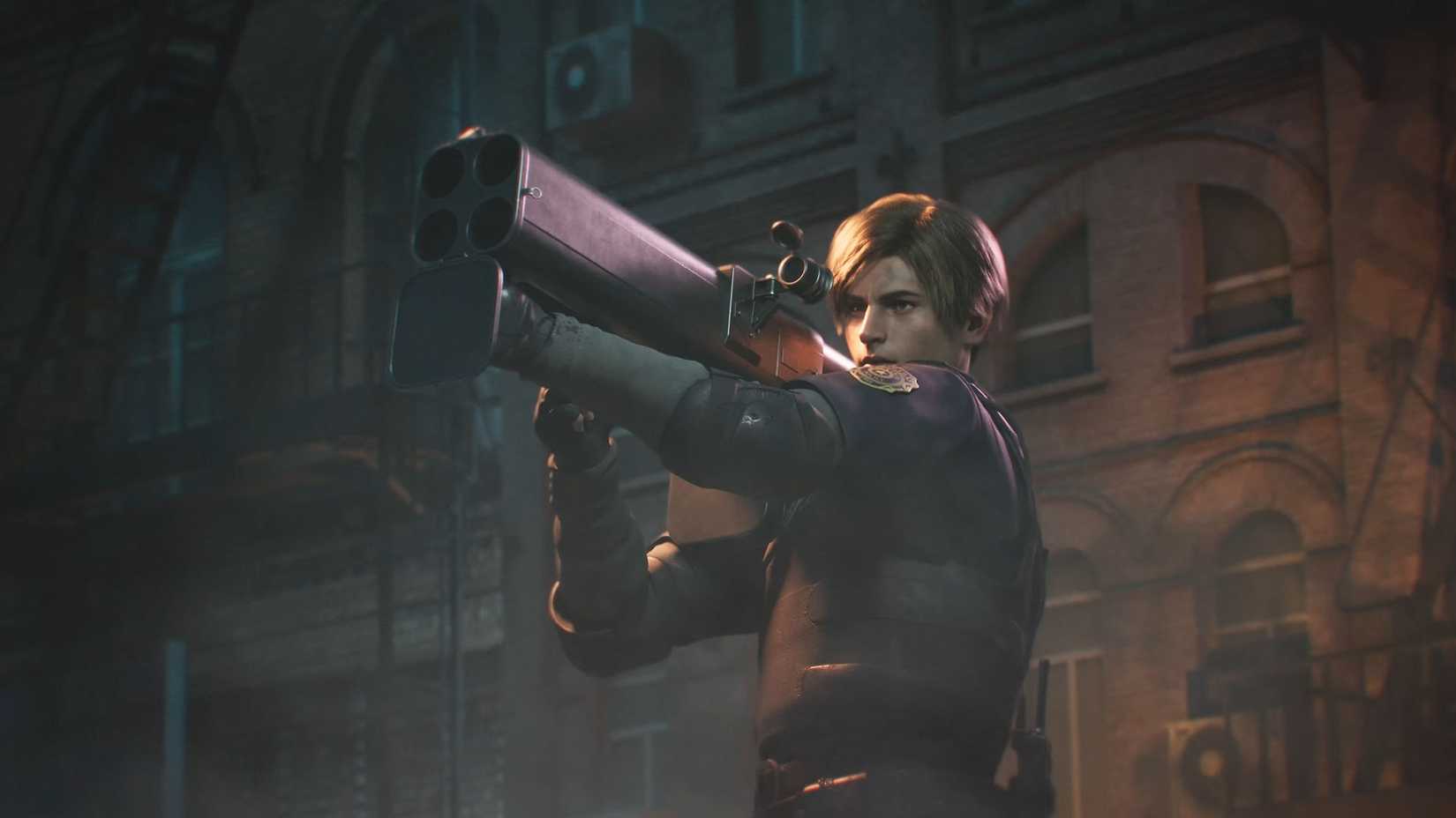 ภาพหน้าจอจากวิดีโอ Resident Evil Survival Unit อย่างเป็นทางการที่แสดง Leon ถือปืนบาซูก้า