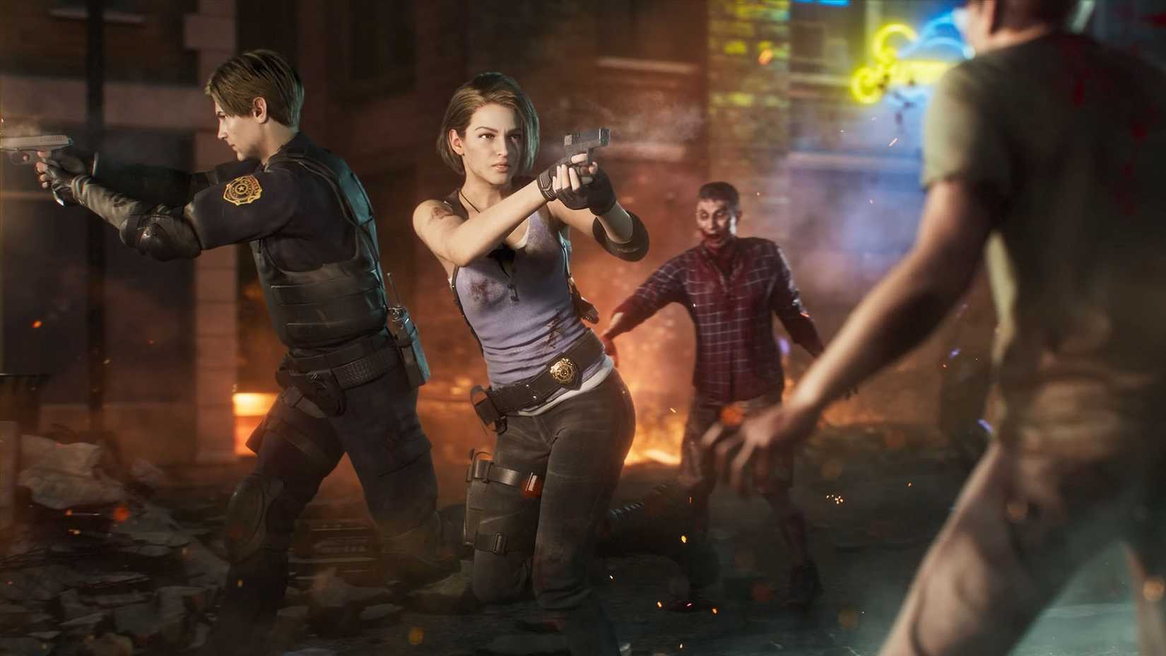 An image from Resident Evil Survival Unit showing Kill and Leon shooting two zombies