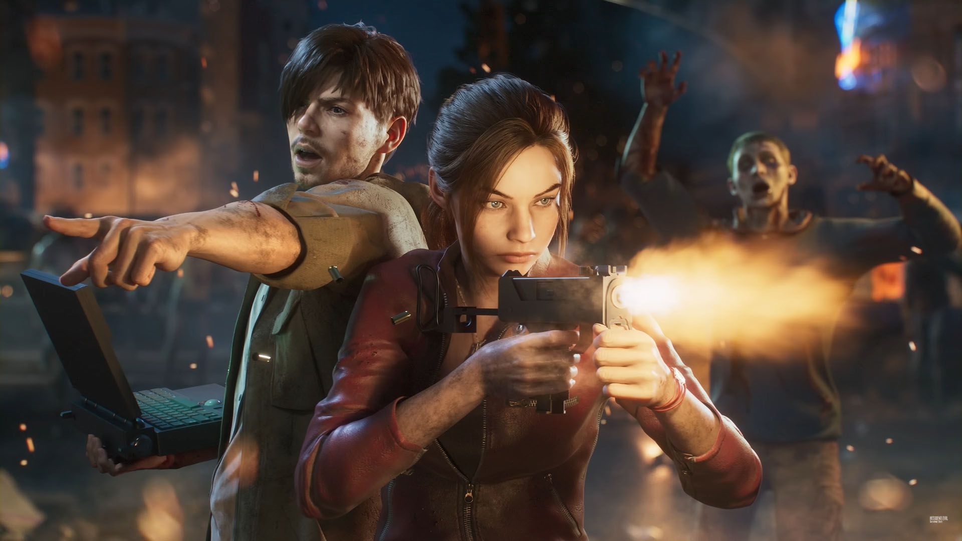Screengrab from the Resident Evil Survival Unit official video showing the protagonist and Claire