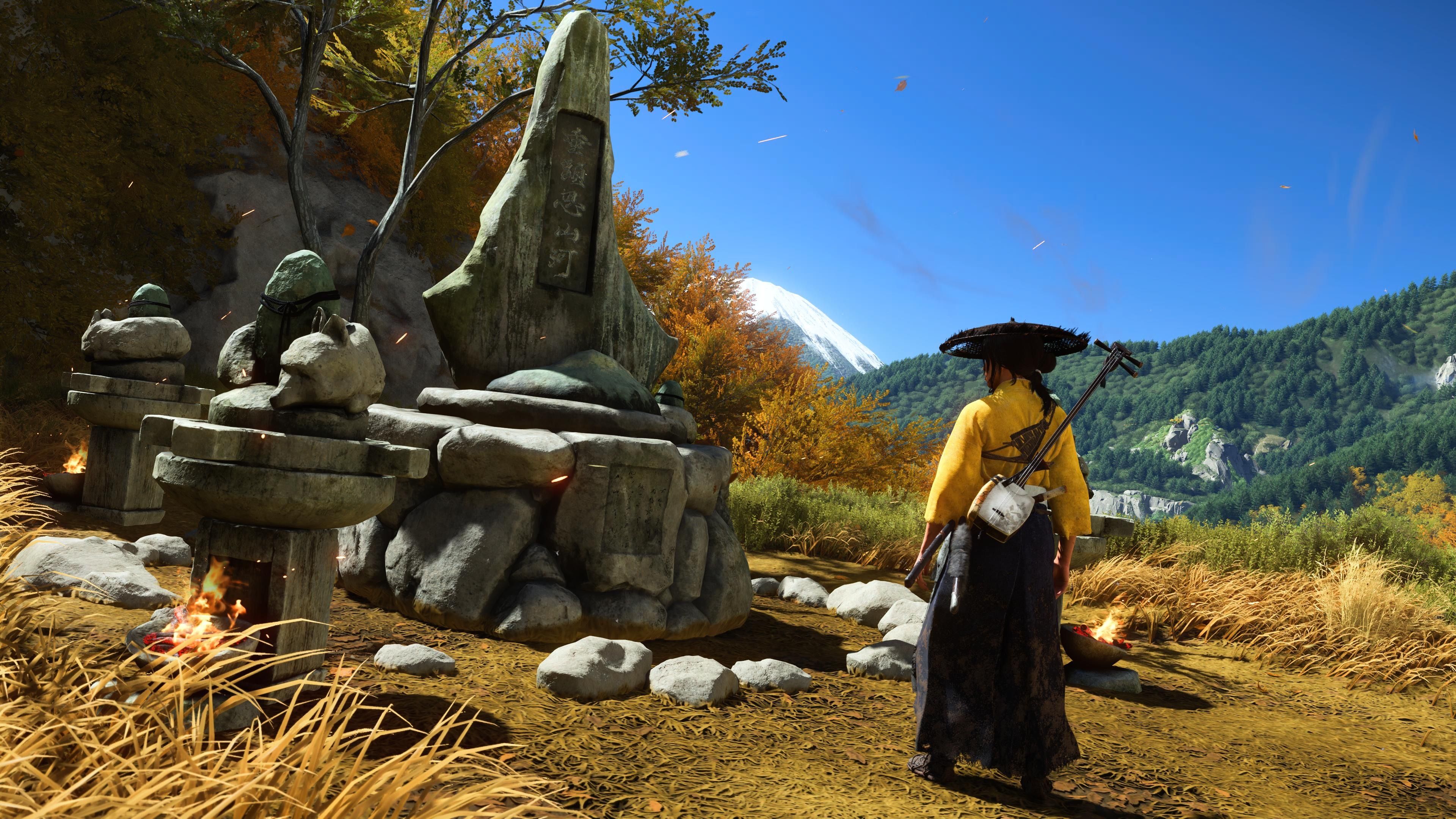 Astu stands in front of the Reliquary of Resilience puzzle in Ghost of Yotei and thinks about the puzzle solution and how to solve the Reliquary of Resilience puzzle