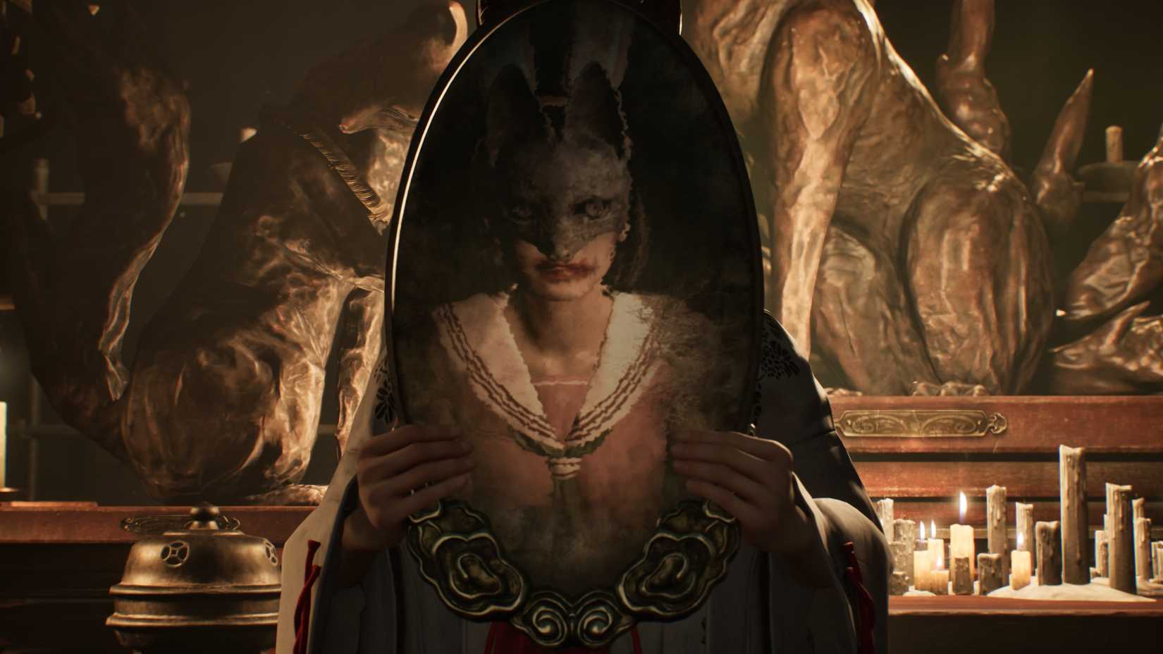 Silent Hill f protagonist Hinako examines her changing appearance in a mottled mirror.