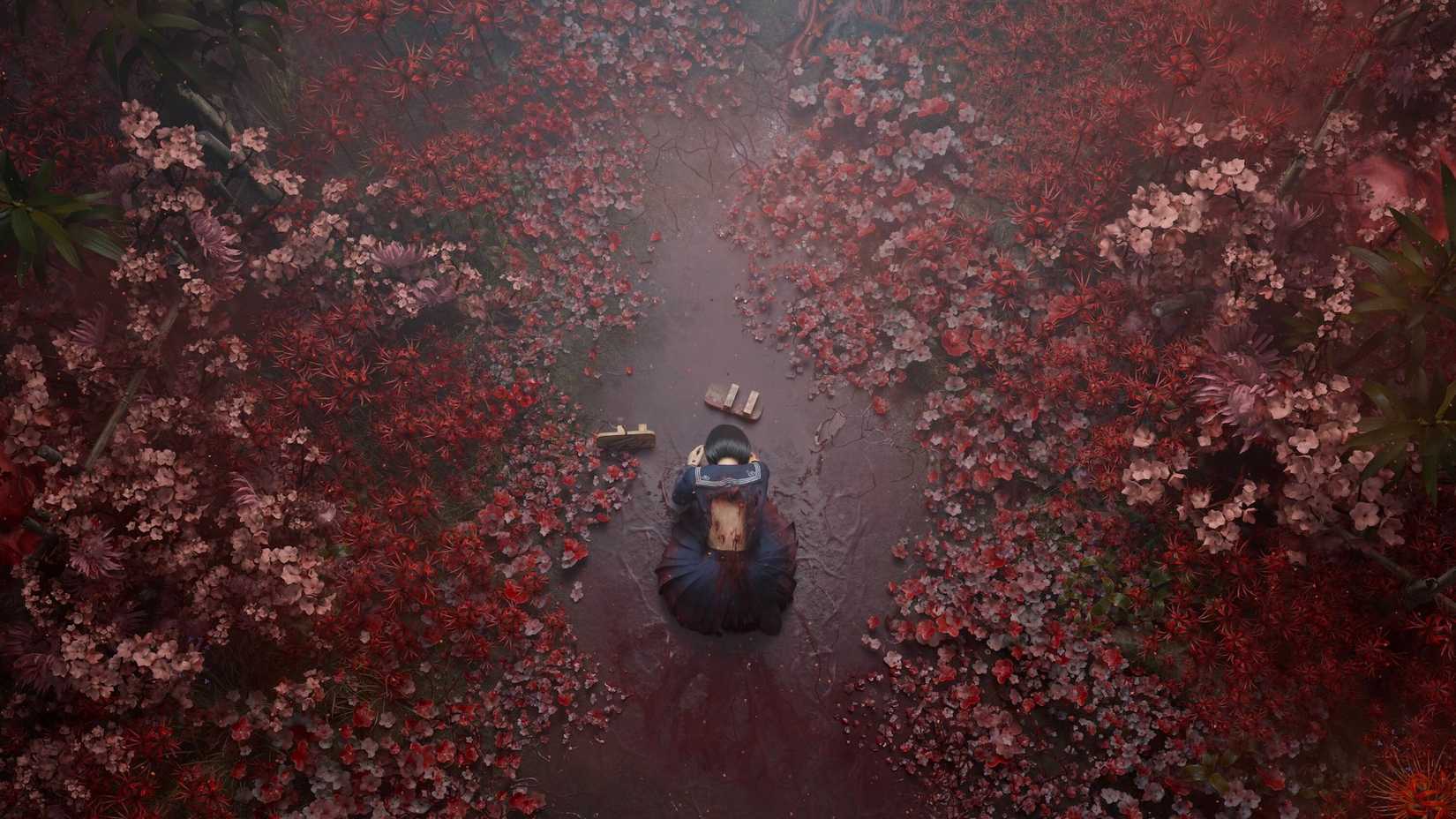 Hinako crouches on the ground in a still from Silent Hill f