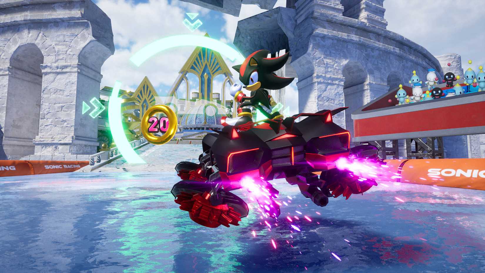 A Sonic: CrossWorlds screenshot showing Shadow on his car in water mode