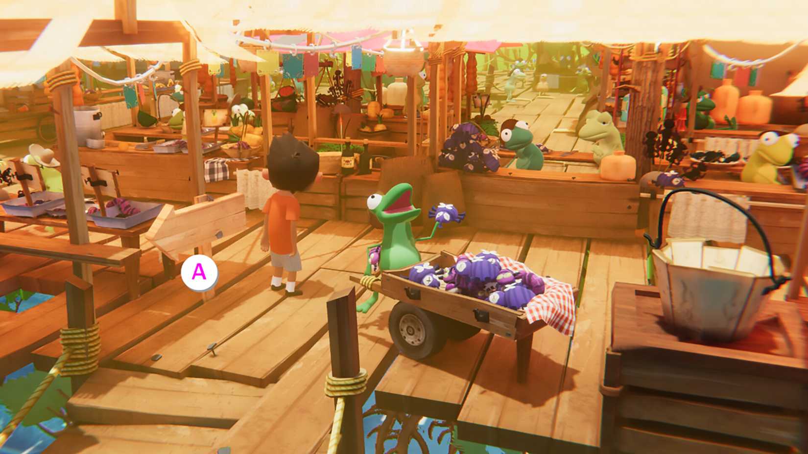 A character from Sopa: Tale of the Stolen Potato in a market surrounded by frogs.