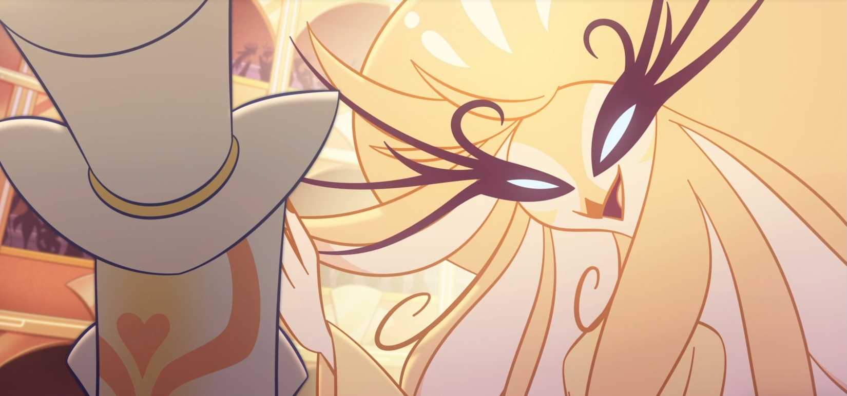 The Speaker of God, a golden bird-woman with wing-like eyebrows, speaks to snake-demon Sir Pentious in Hazbin Hotel