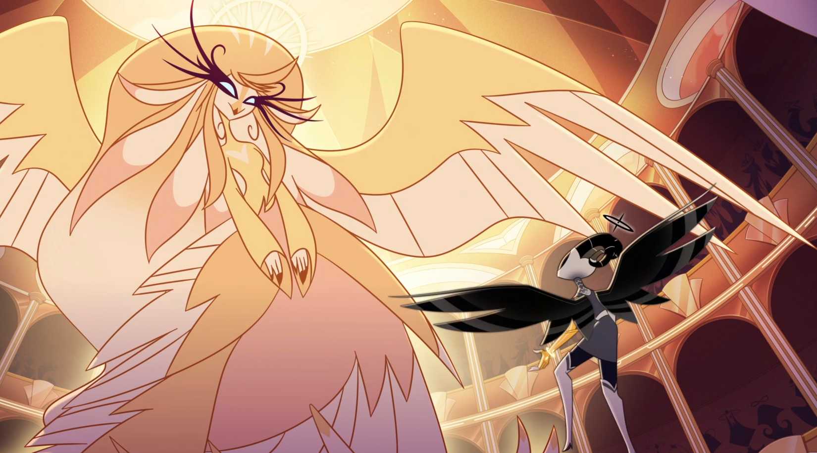 The Speaker of God, a huge golden bird-woman, confronts the angel Lute in Hazbin Hotel season 2