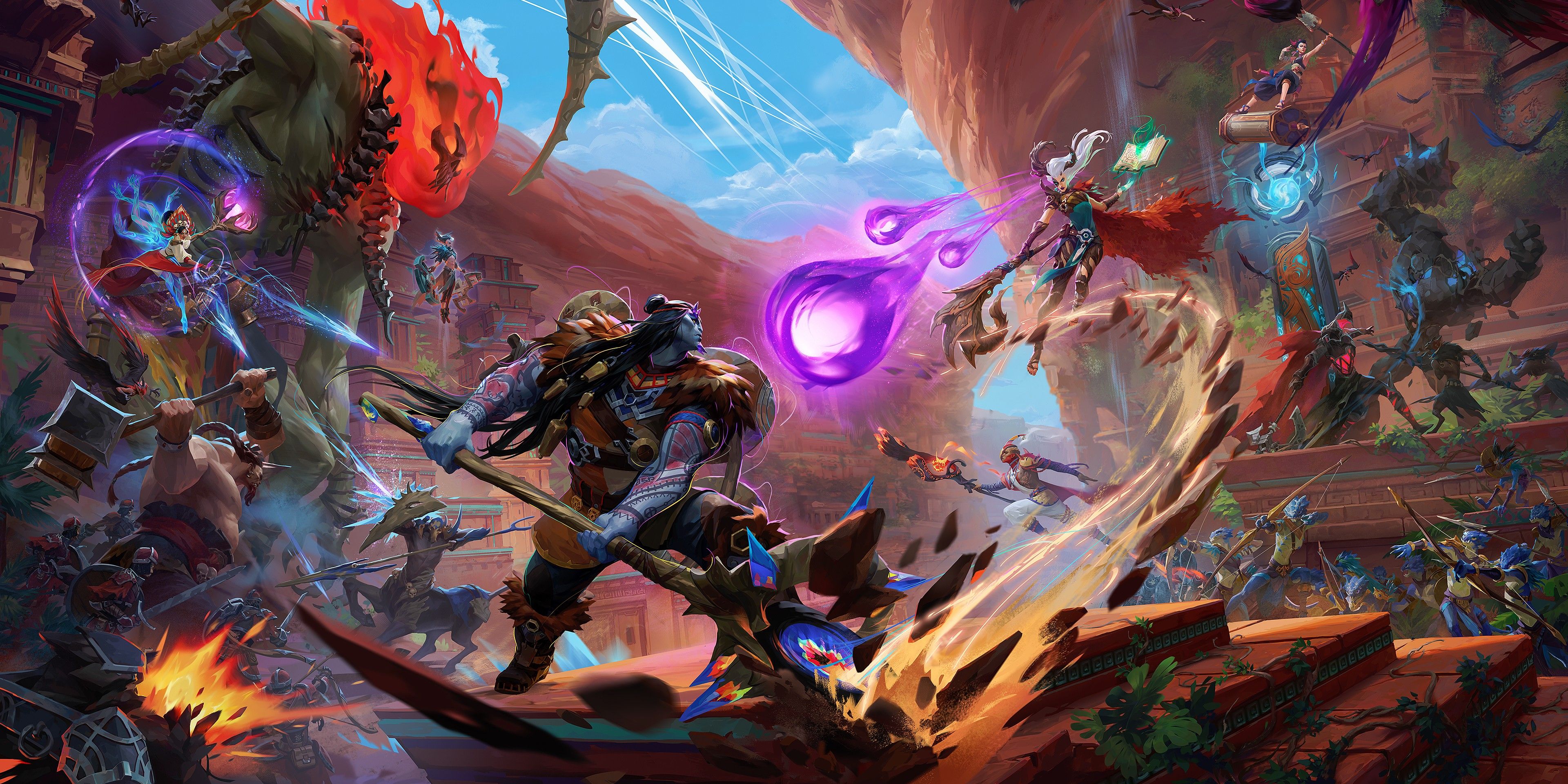 Spellcasters Chronicles Keyart showing spellcasters fighting one another.