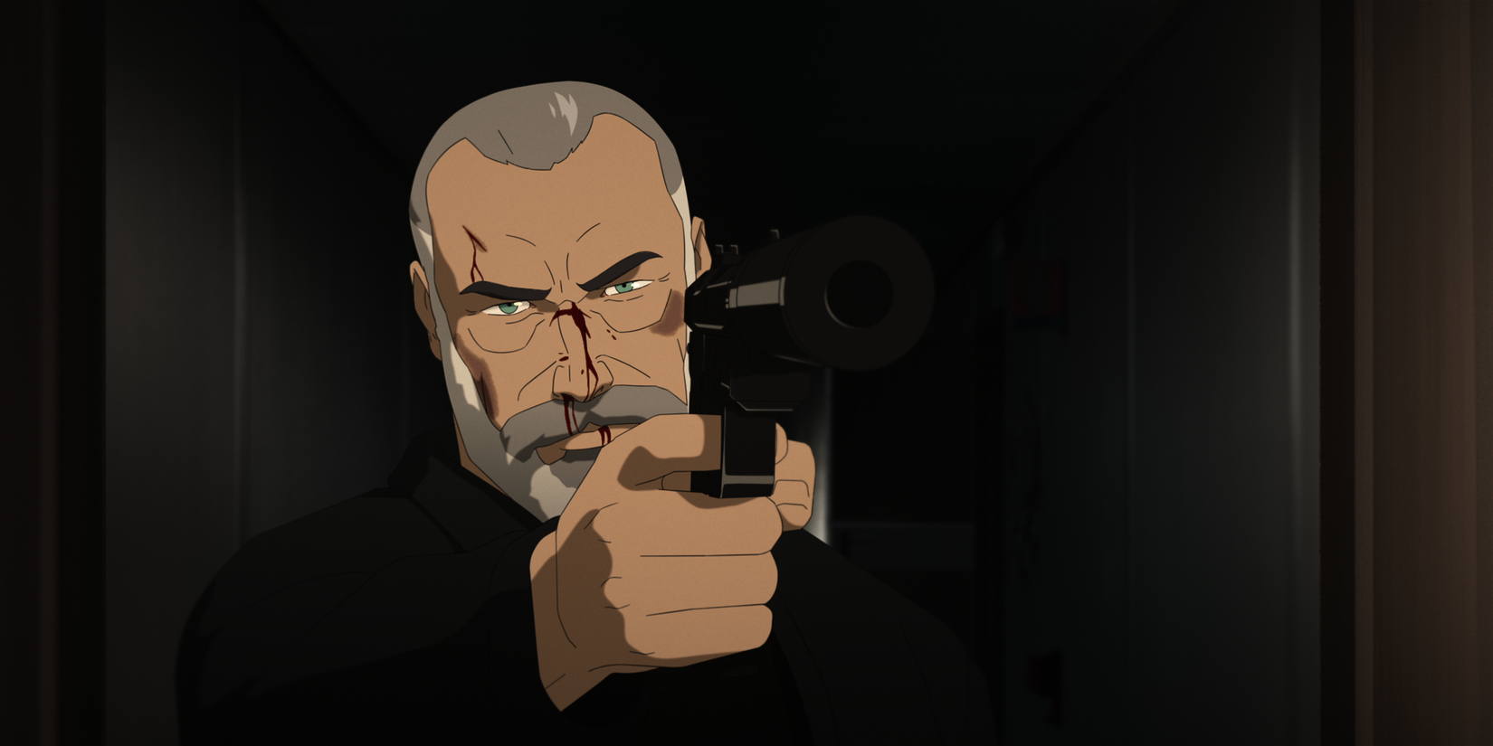 Key image from Splinter Cell Deathwatch. It shows Fisher, now aged, holding a gun. He has blood running down his face.