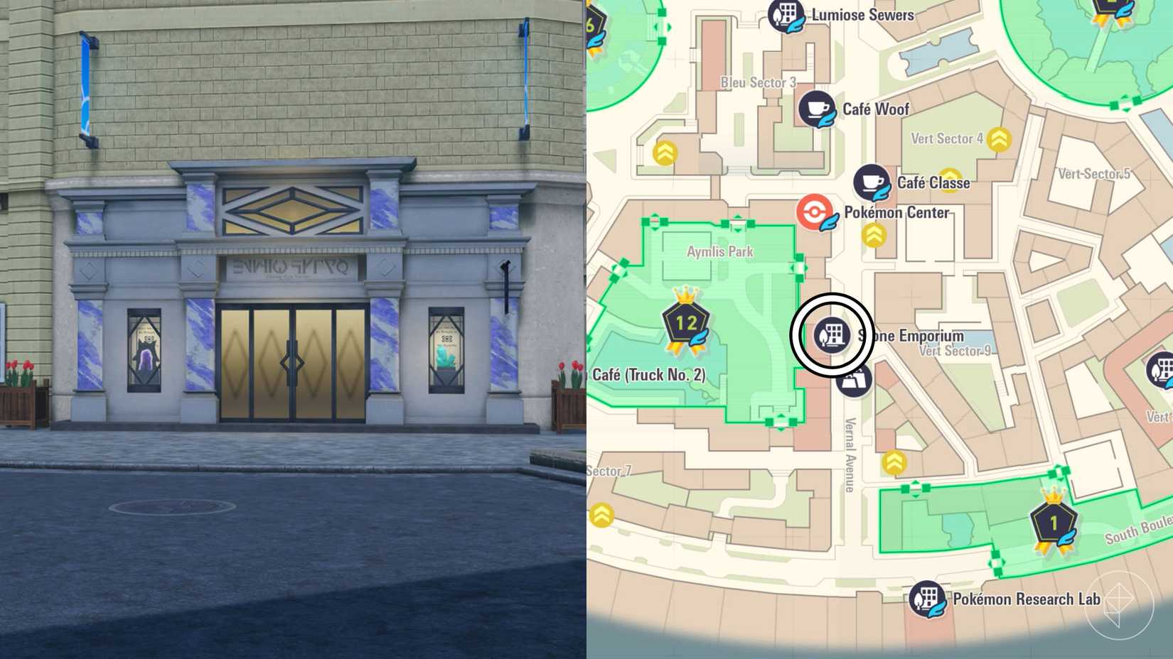 The Stone Emporium's location marked on the map of Pokémon Legends: Z-A.