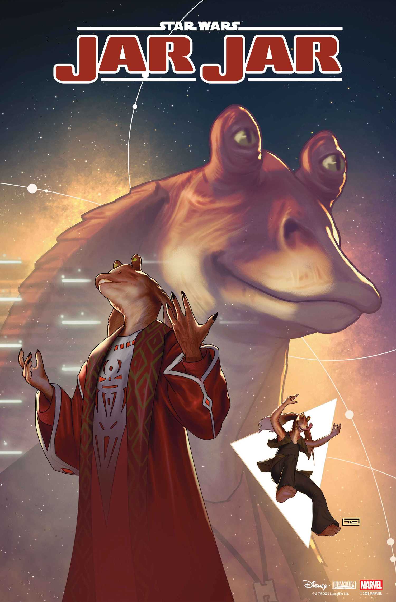 A mock up of a Jar Jar Binks comic cover. It features Jar Jar in senatorial robes.
