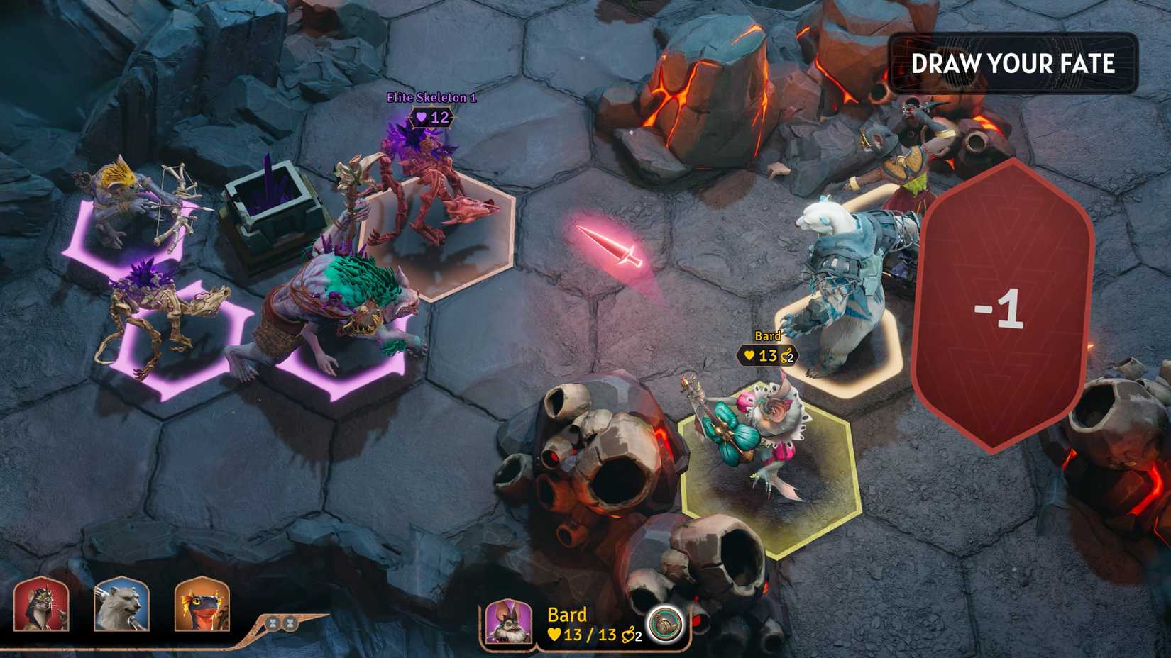 Sunderfolk player drawing a fate card during a battle that says -1.