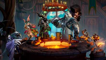 Sunderfolk main heroes, a raven, a bat, a deer-like creature, a polar bear, a weasel, and a salamander, sat around a hearth.