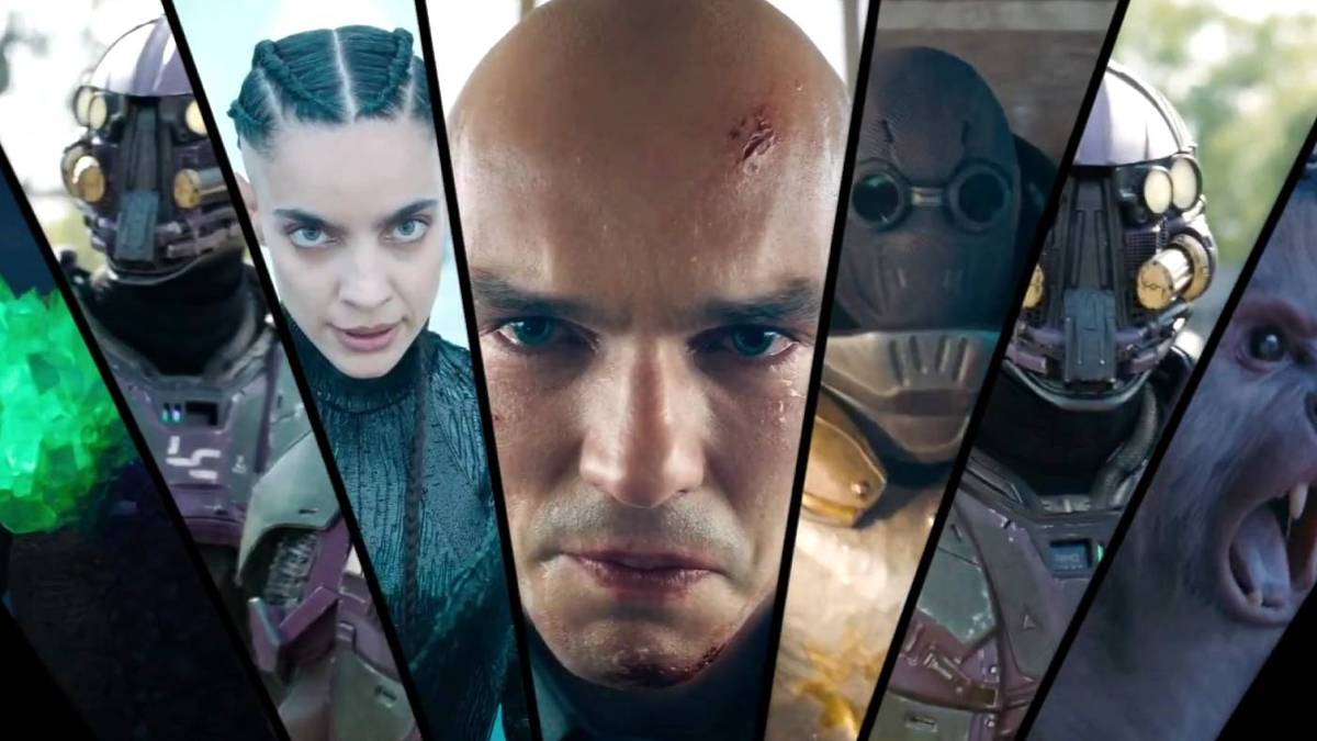 Composite still: Superman’s foes arranged like a lineup reminiscent of Scott Pilgrim’s rogues gallery