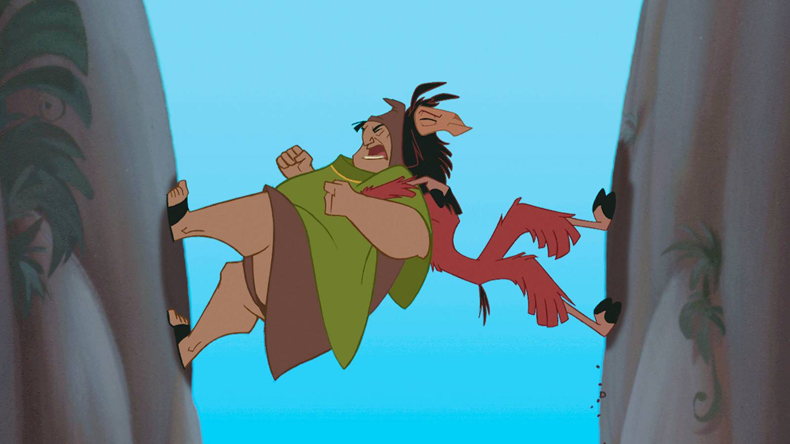 Kuzco and Pacha working together to avoid falling off a cliff