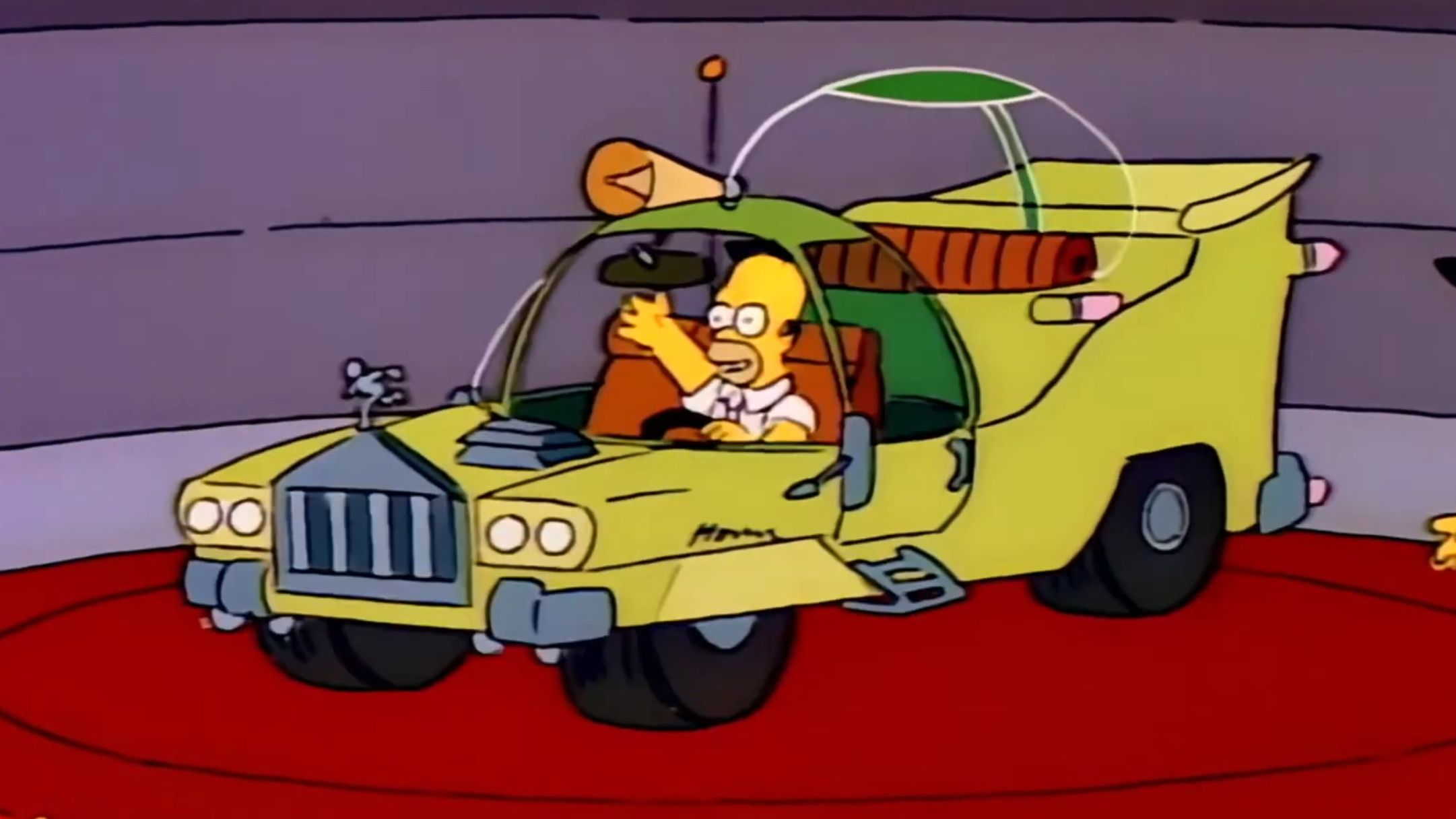 Homer Simpson showing off the car he designed in The Simpsons Season 2.