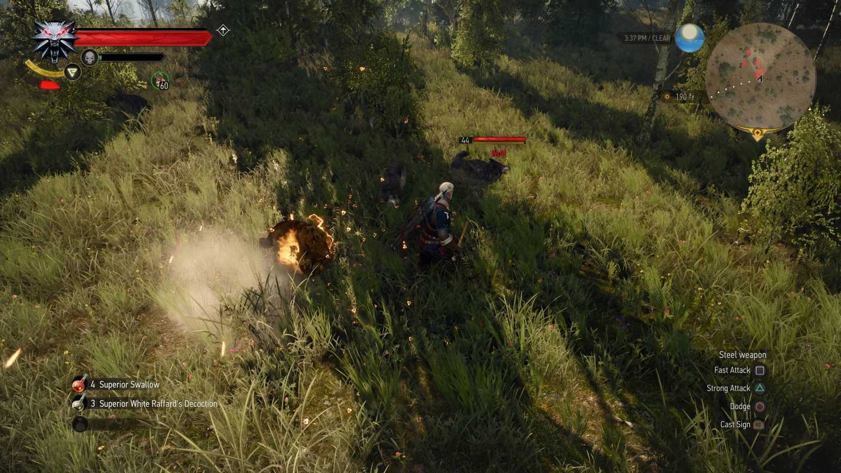 Geralt in The Witcher 3 fighting a pack of wolves while Quen is active.